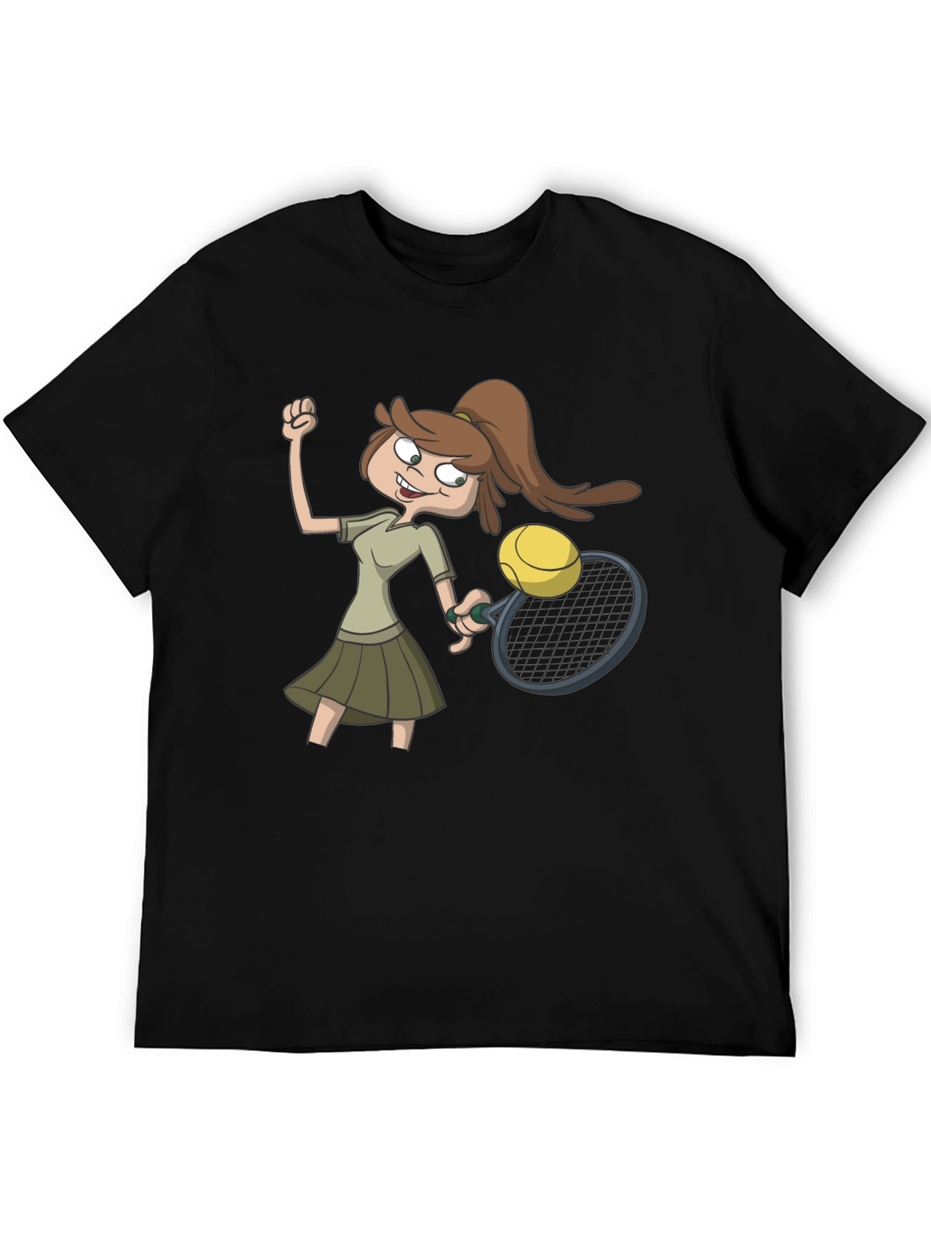 Tennis Girl Cartoon Black T-Shirt