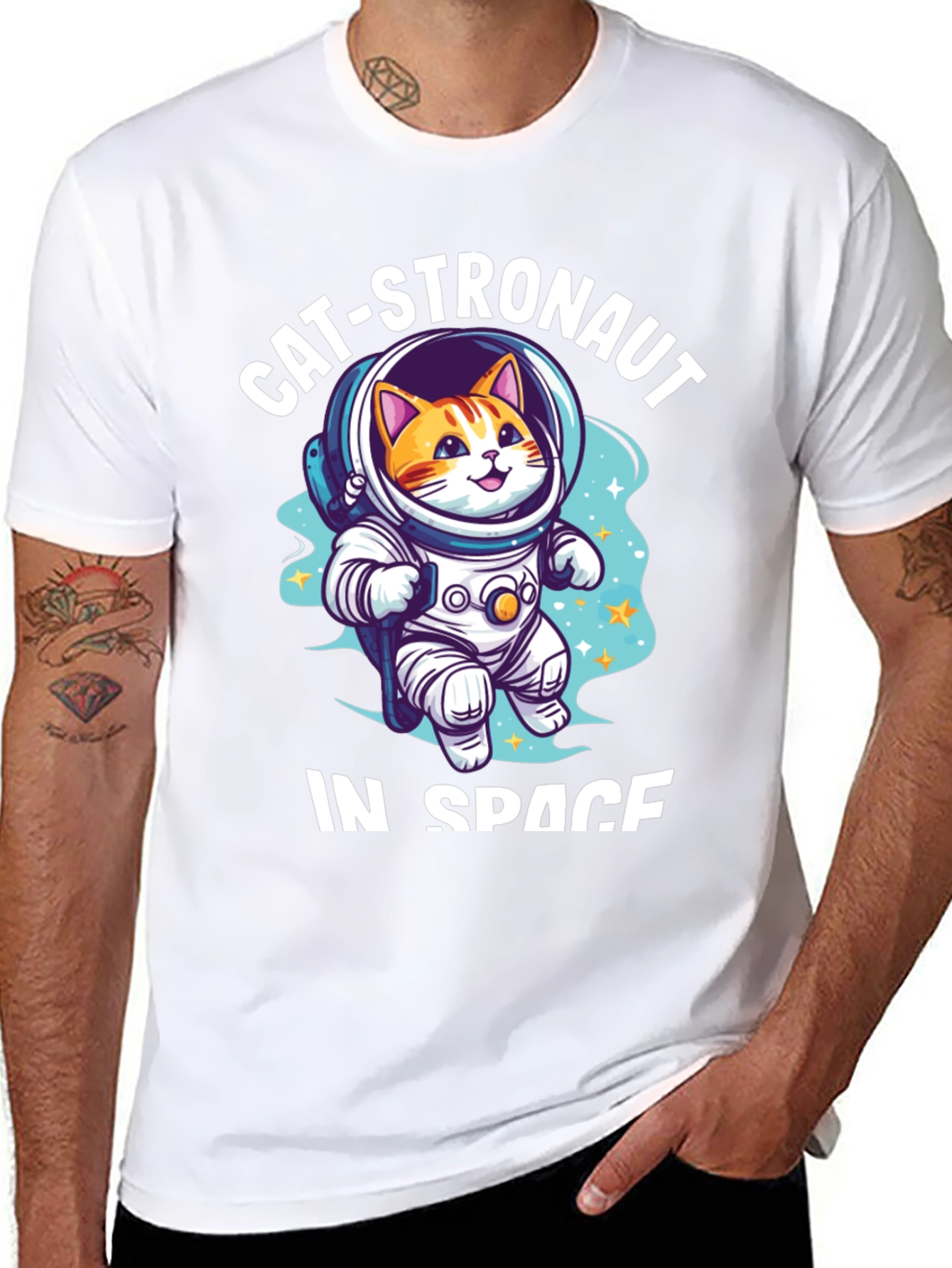 Catstronaut in Space Black T-Shirt