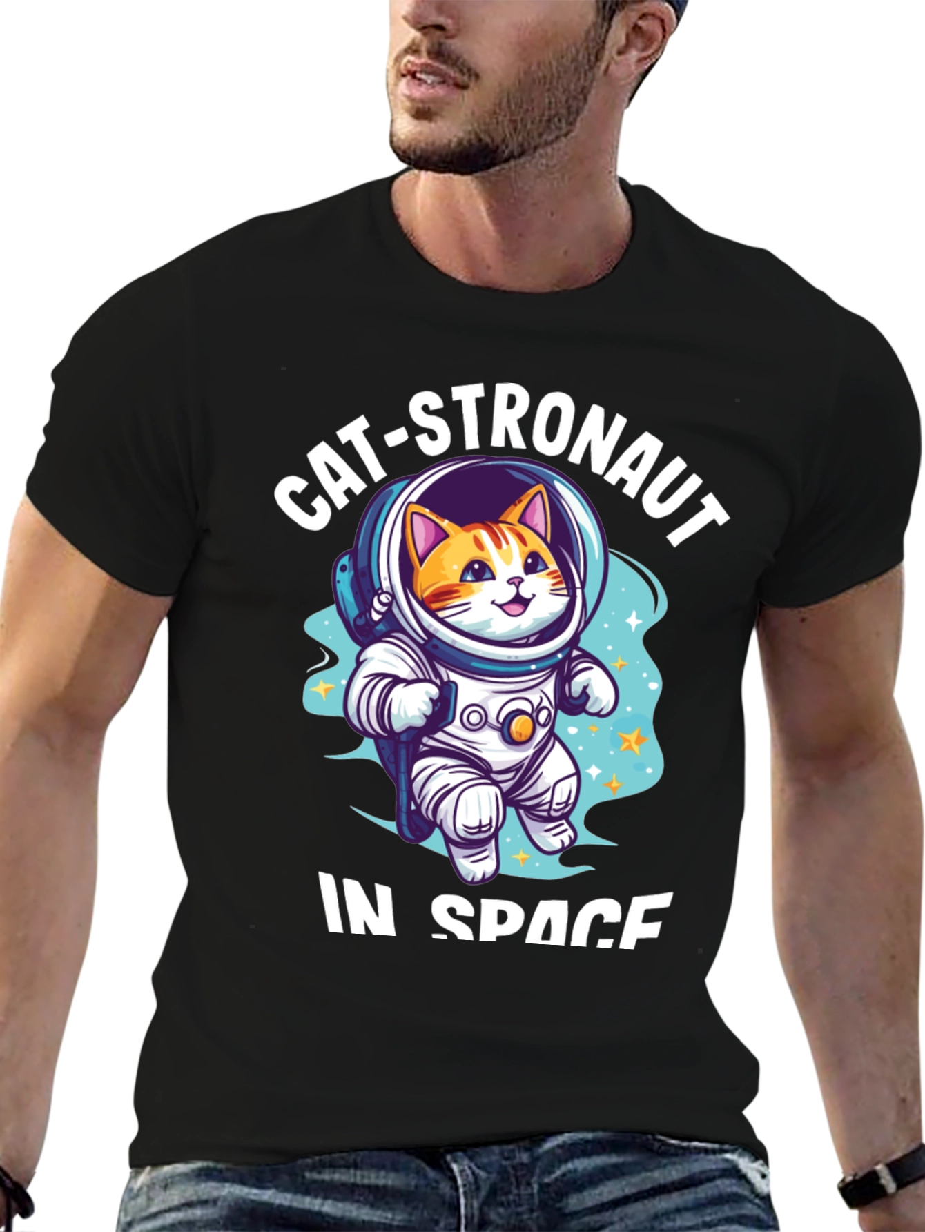 Catstronaut in Space Black T-Shirt