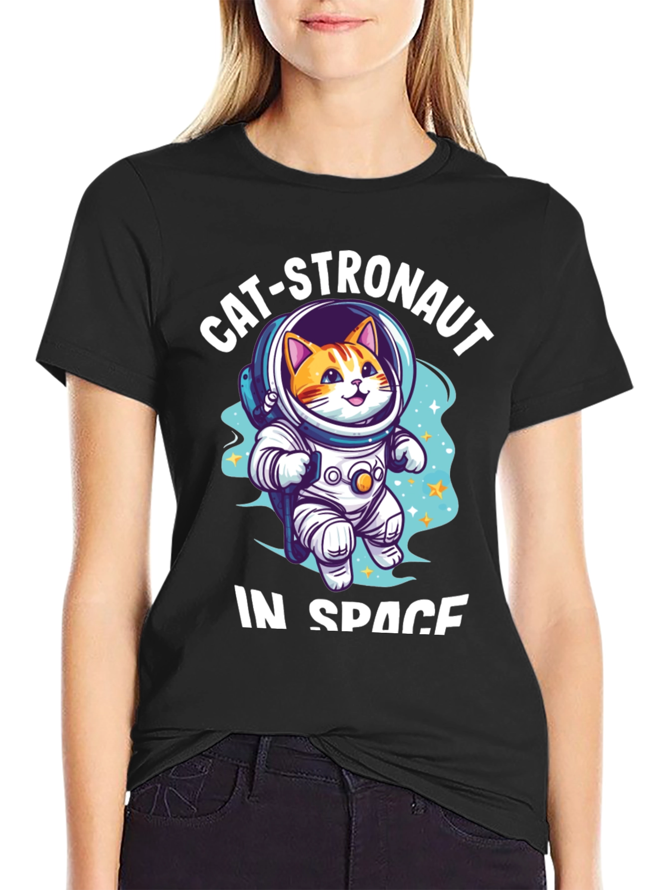 Catstronaut in Space Black T-Shirt