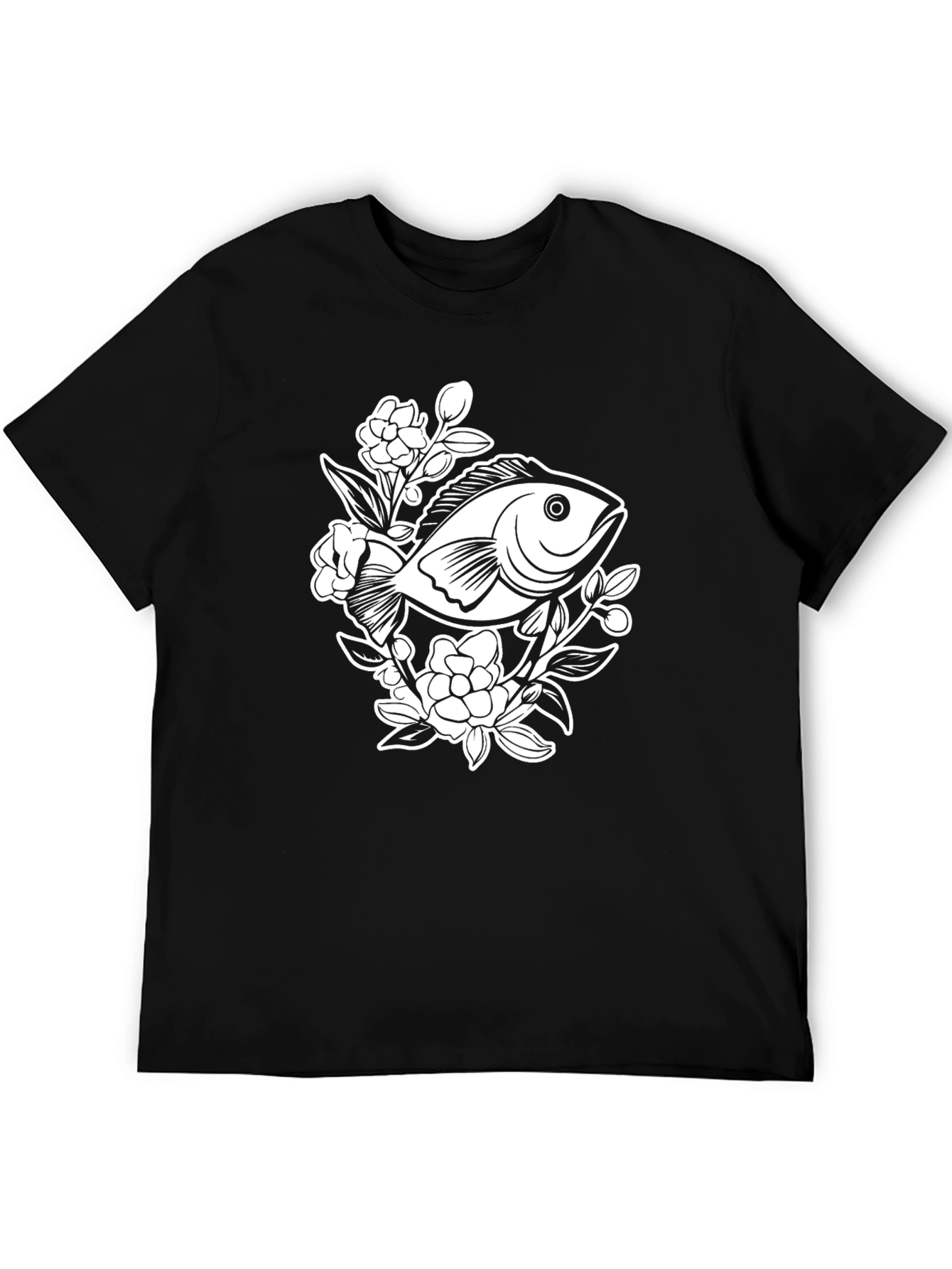 Black T-Shirt with Floral Fish Graphic