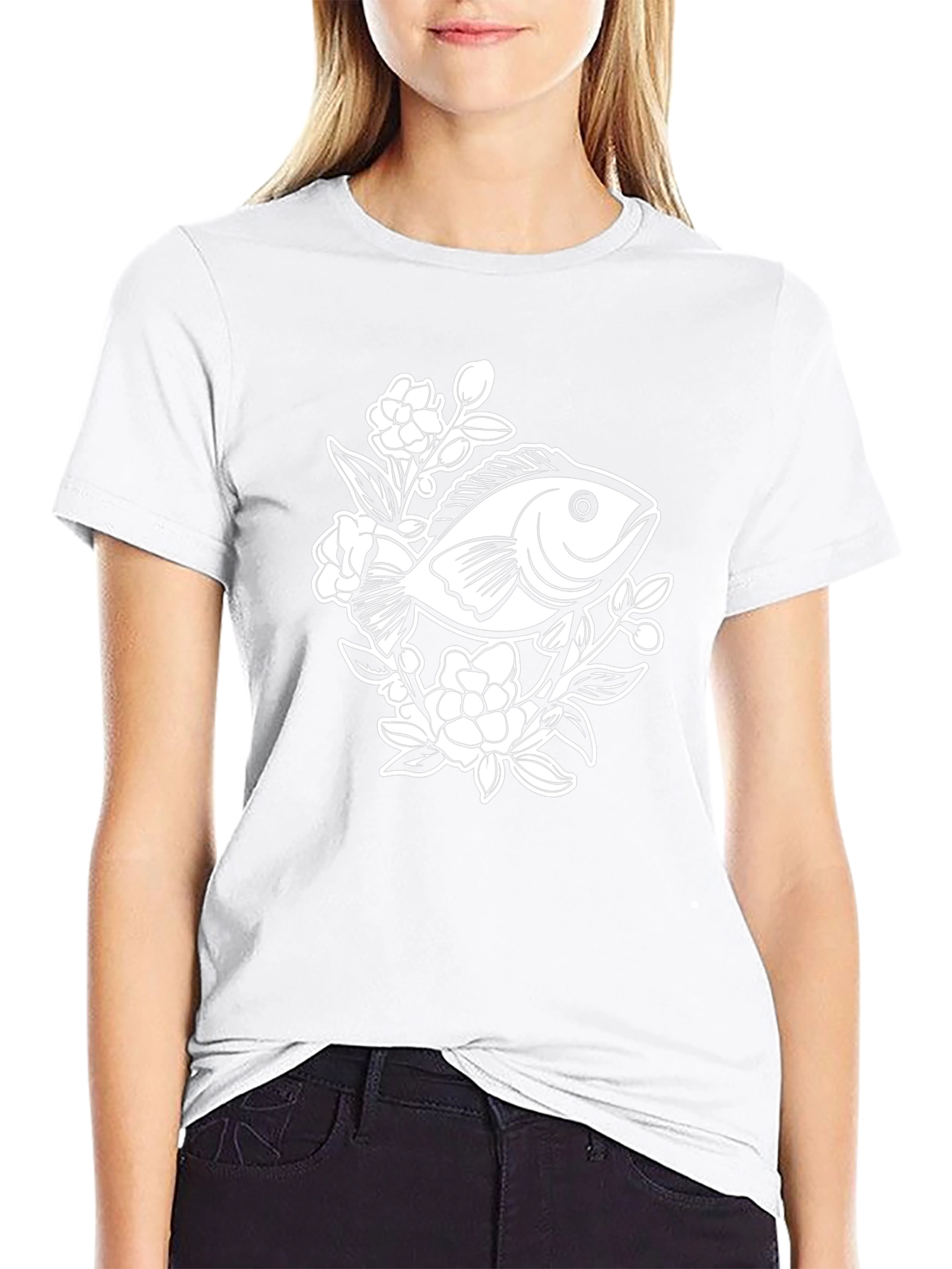 Black T-Shirt with Floral Fish Graphic