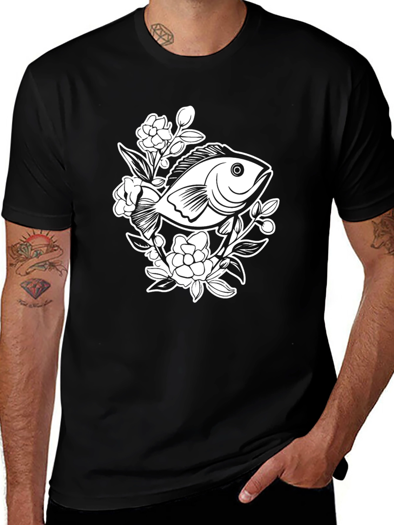 Black T-Shirt with Floral Fish Graphic