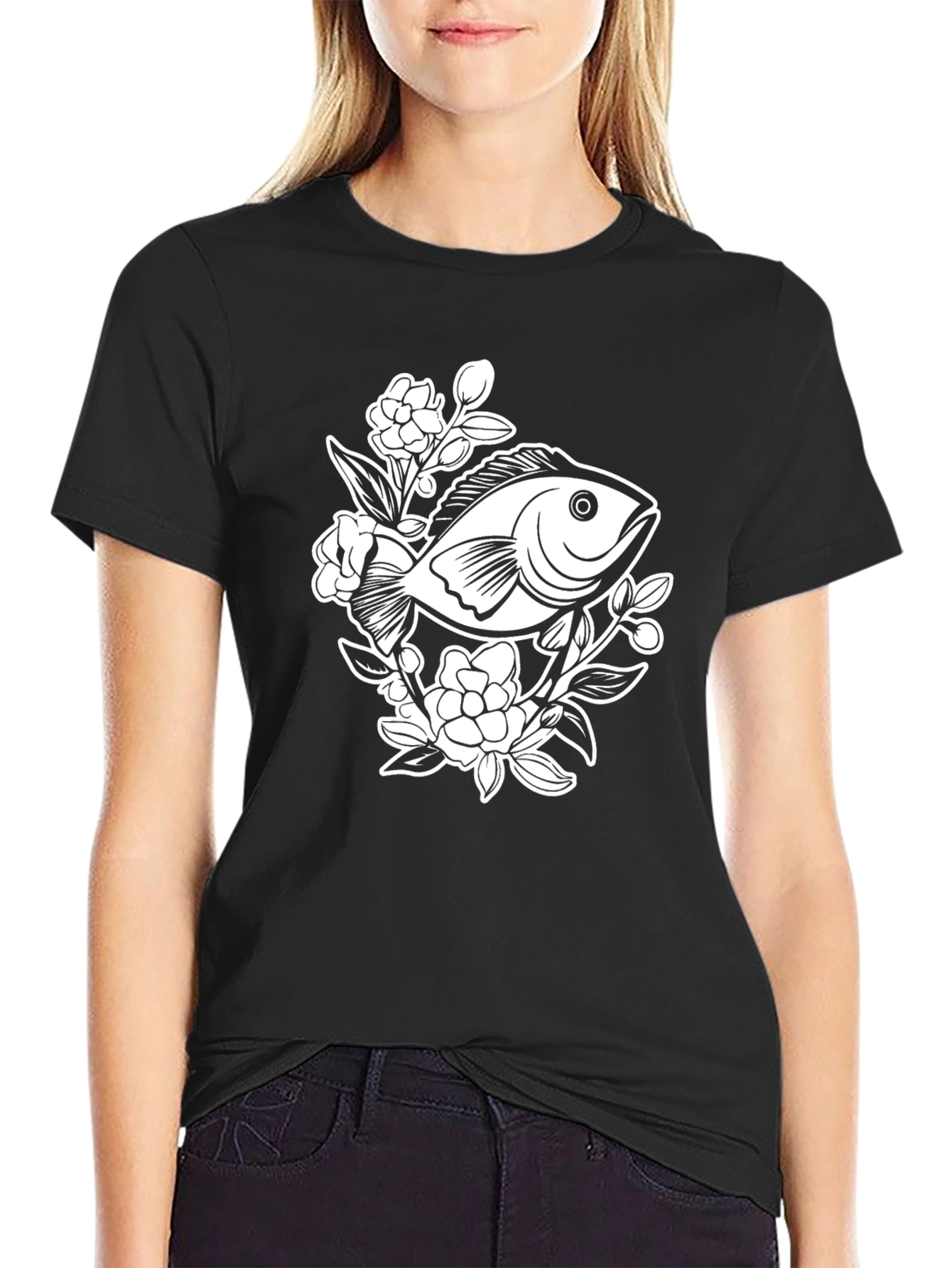 Black T-Shirt with Floral Fish Graphic