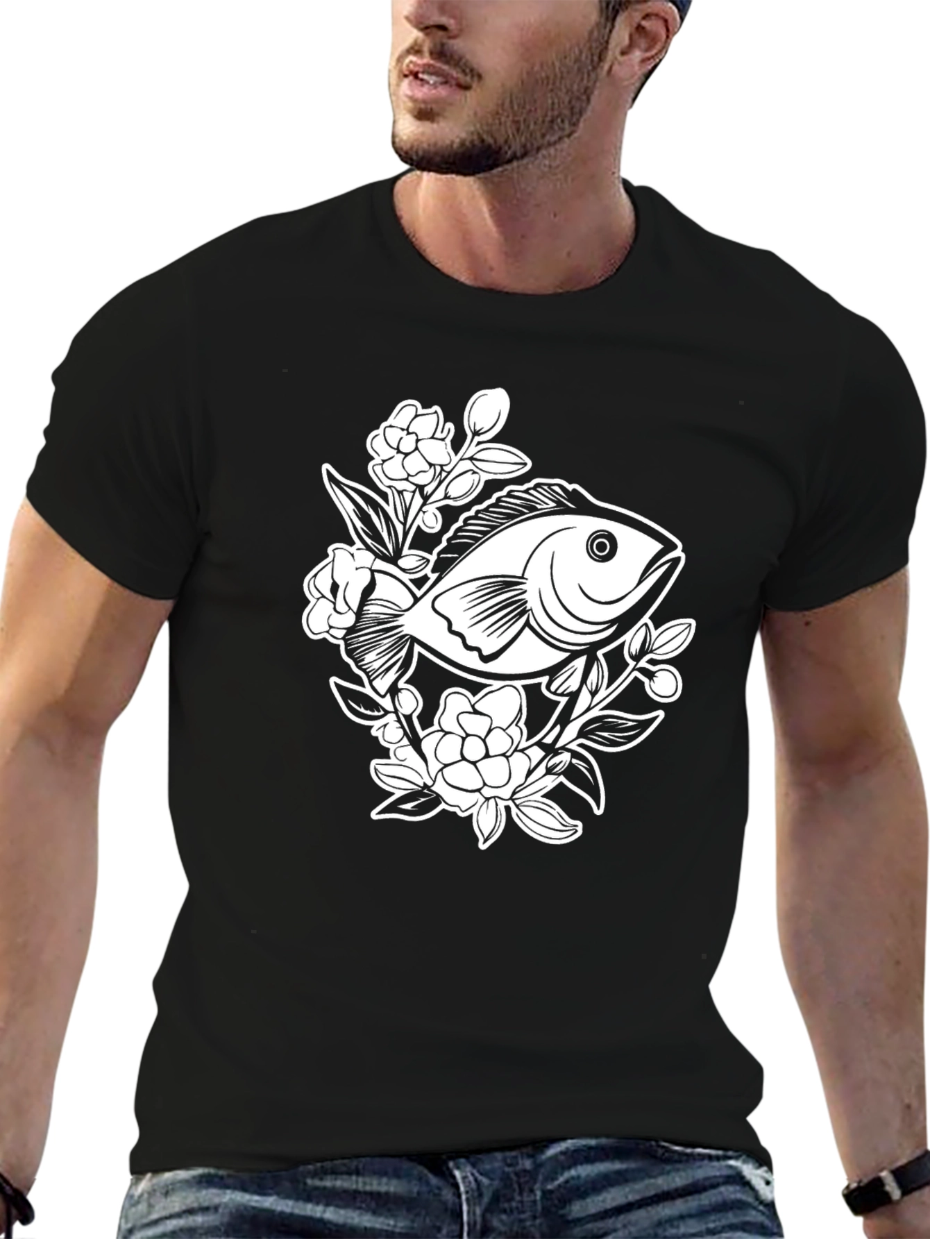 Black T-Shirt with Floral Fish Graphic