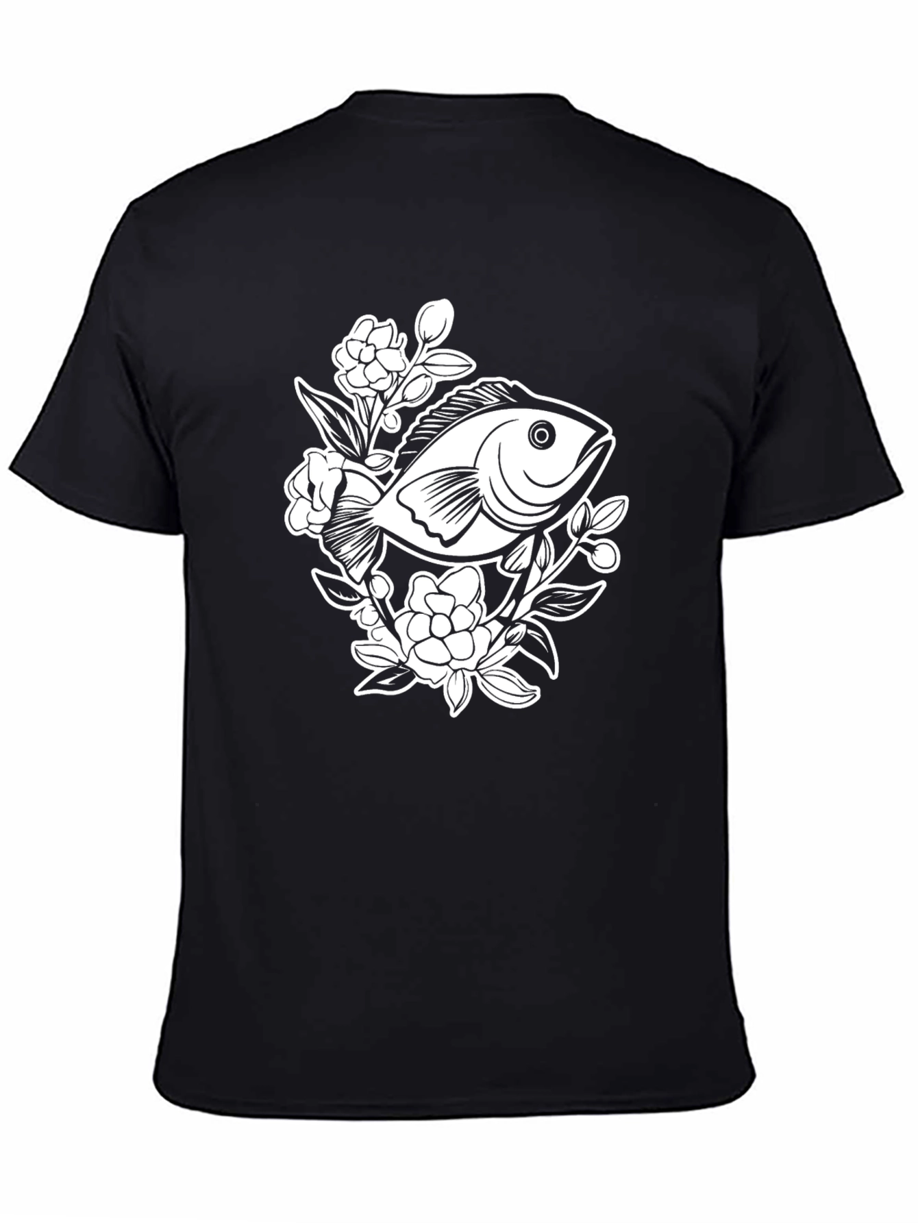 Black T-Shirt with Floral Fish Graphic