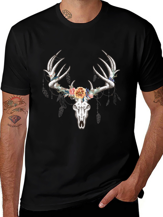 Deer Skull Floral T-Shirt - Black Graphic Tee