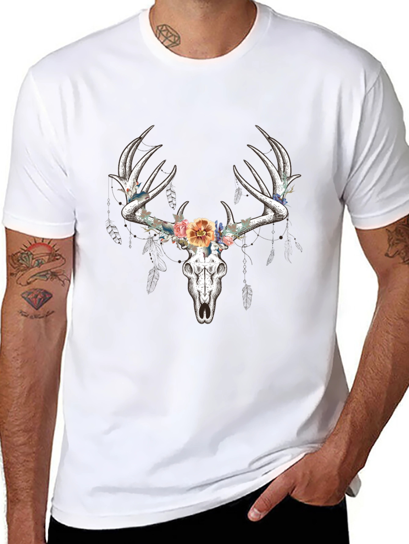 Deer Skull Floral T-Shirt - Black Graphic Tee