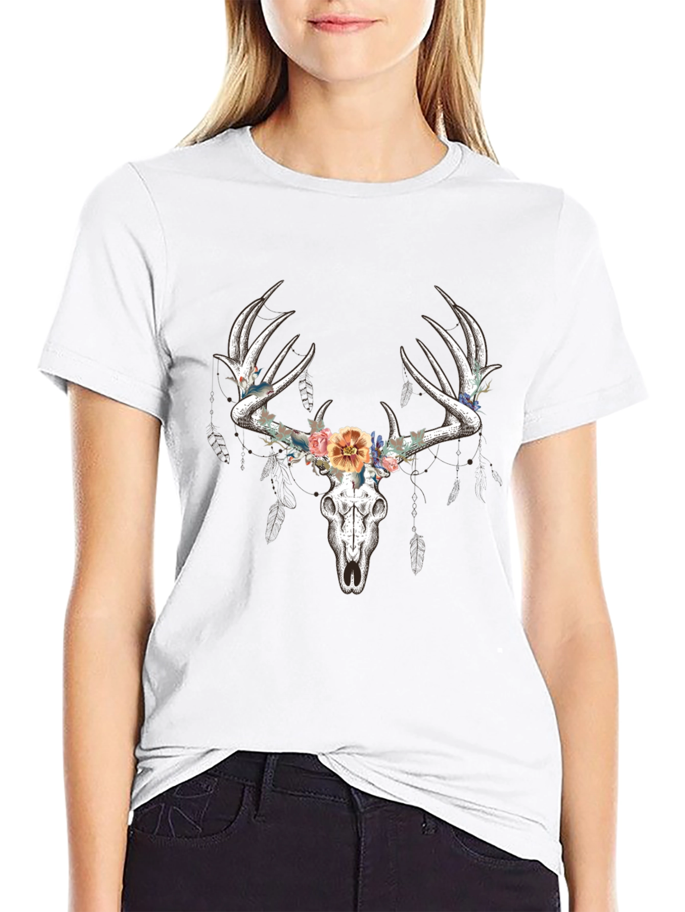 Deer Skull Floral T-Shirt - Black Graphic Tee