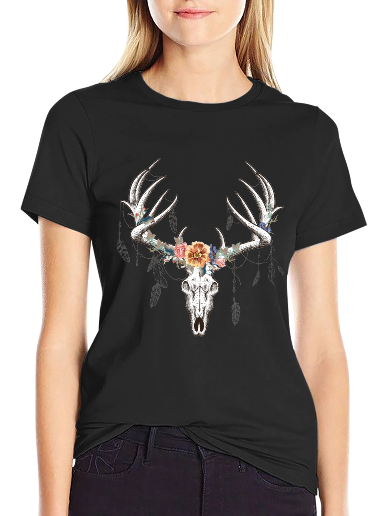 Deer Skull Floral T-Shirt - Black Graphic Tee