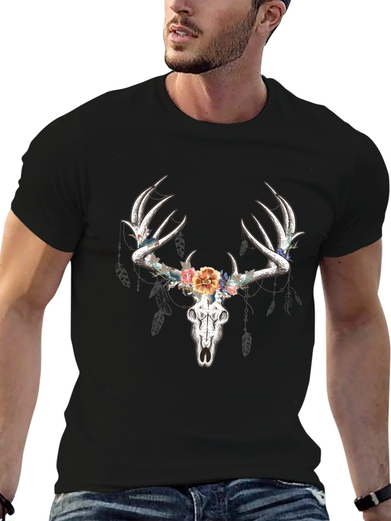 Deer Skull Floral T-Shirt - Black Graphic Tee