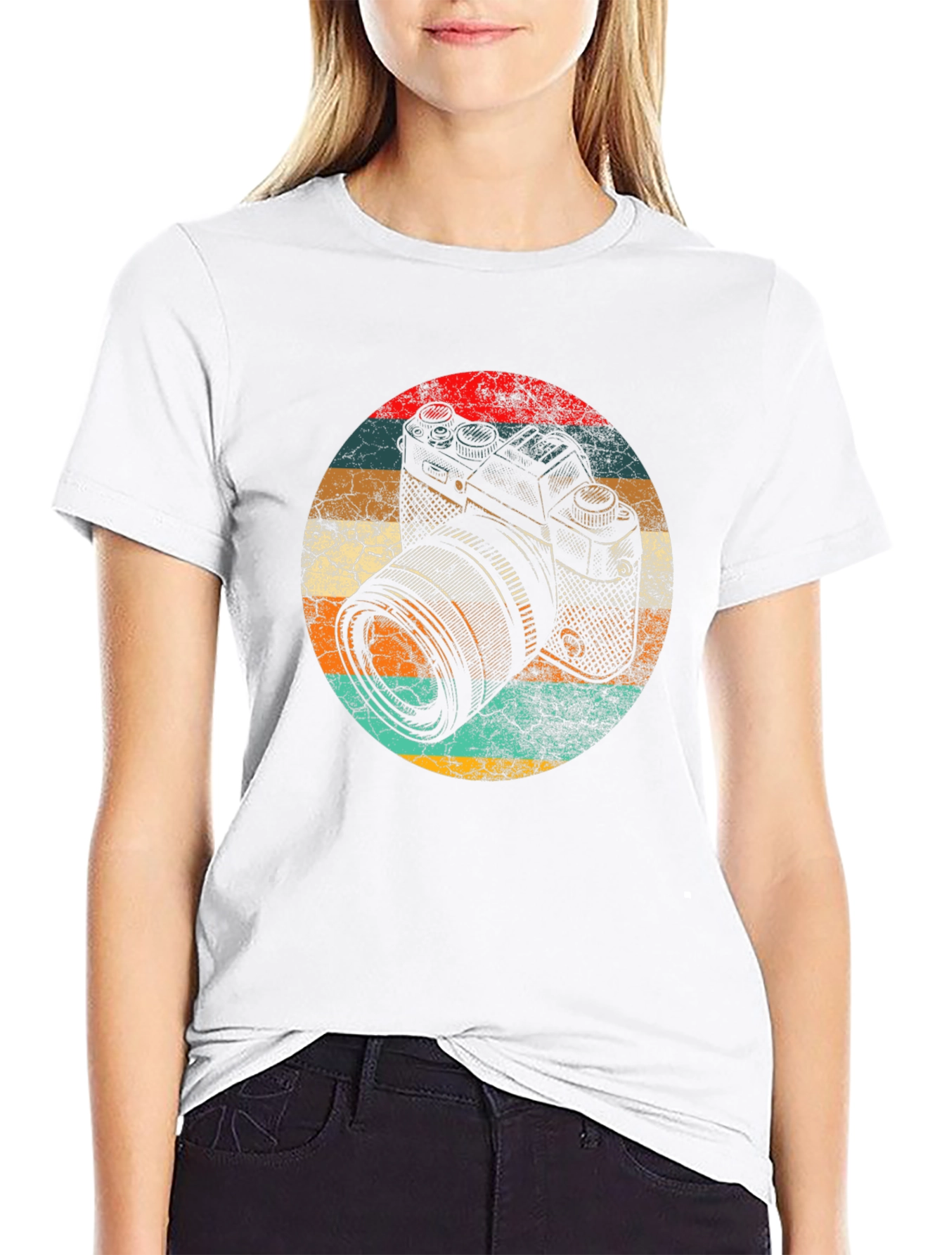 Retro Camera Graphic Tee - Black Cotton Blend Shirt