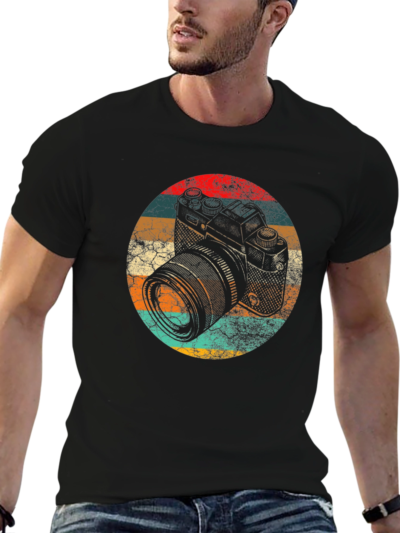 Retro Camera Graphic Tee - Black Cotton Blend Shirt