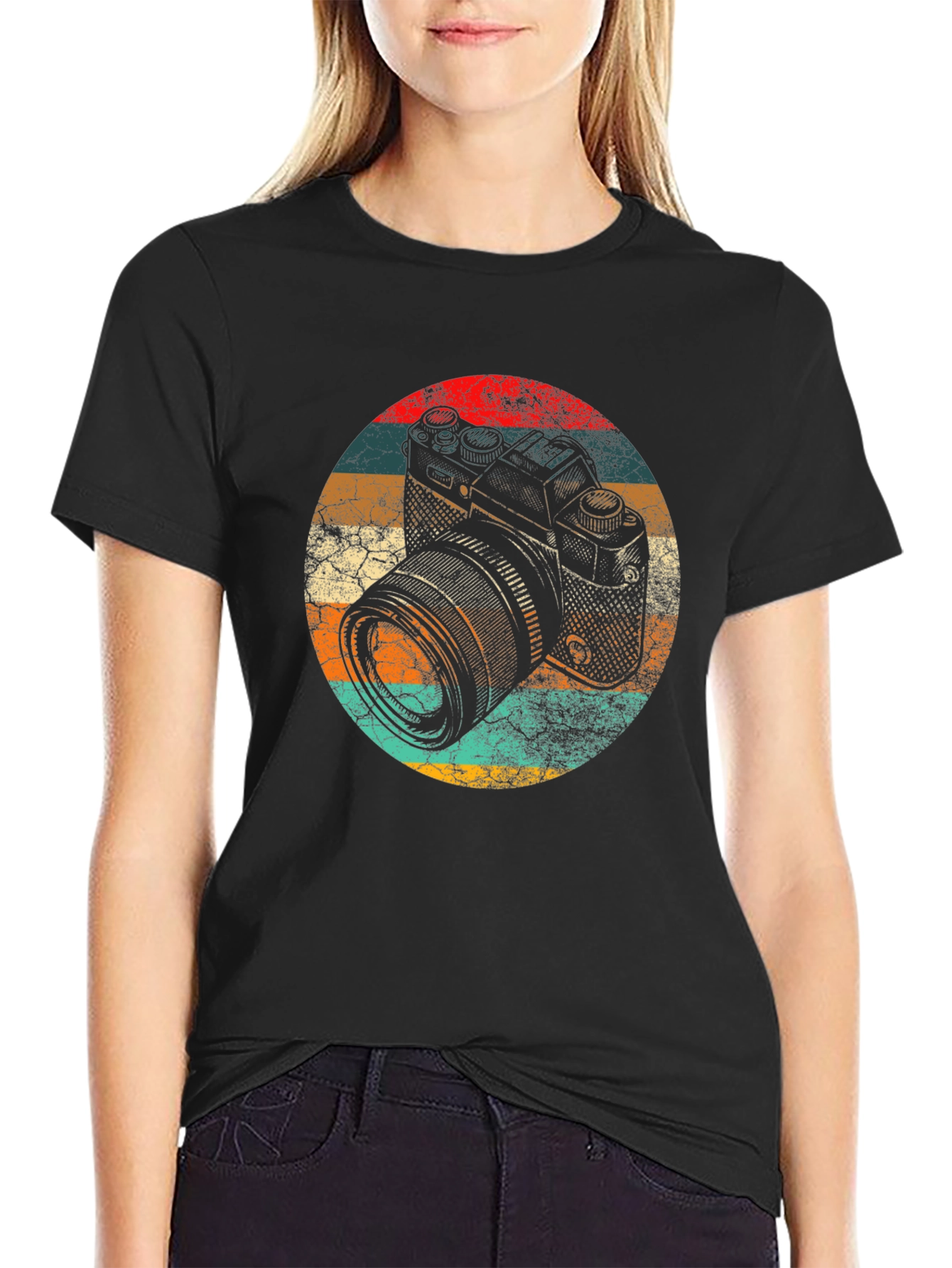 Retro Camera Graphic Tee - Black Cotton Blend Shirt