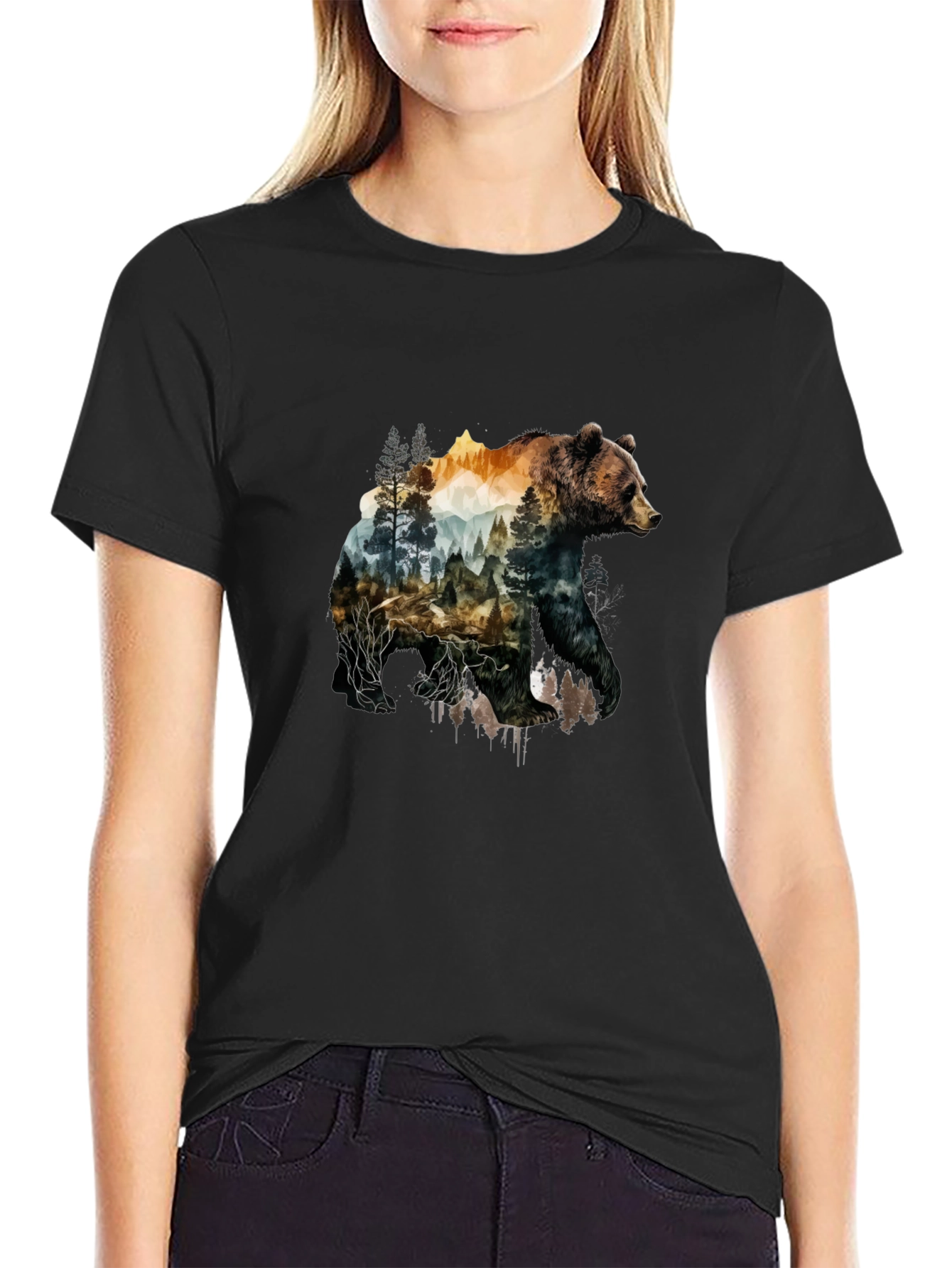 Nature Bear Graphic Tee - Black Cotton T-Shirt