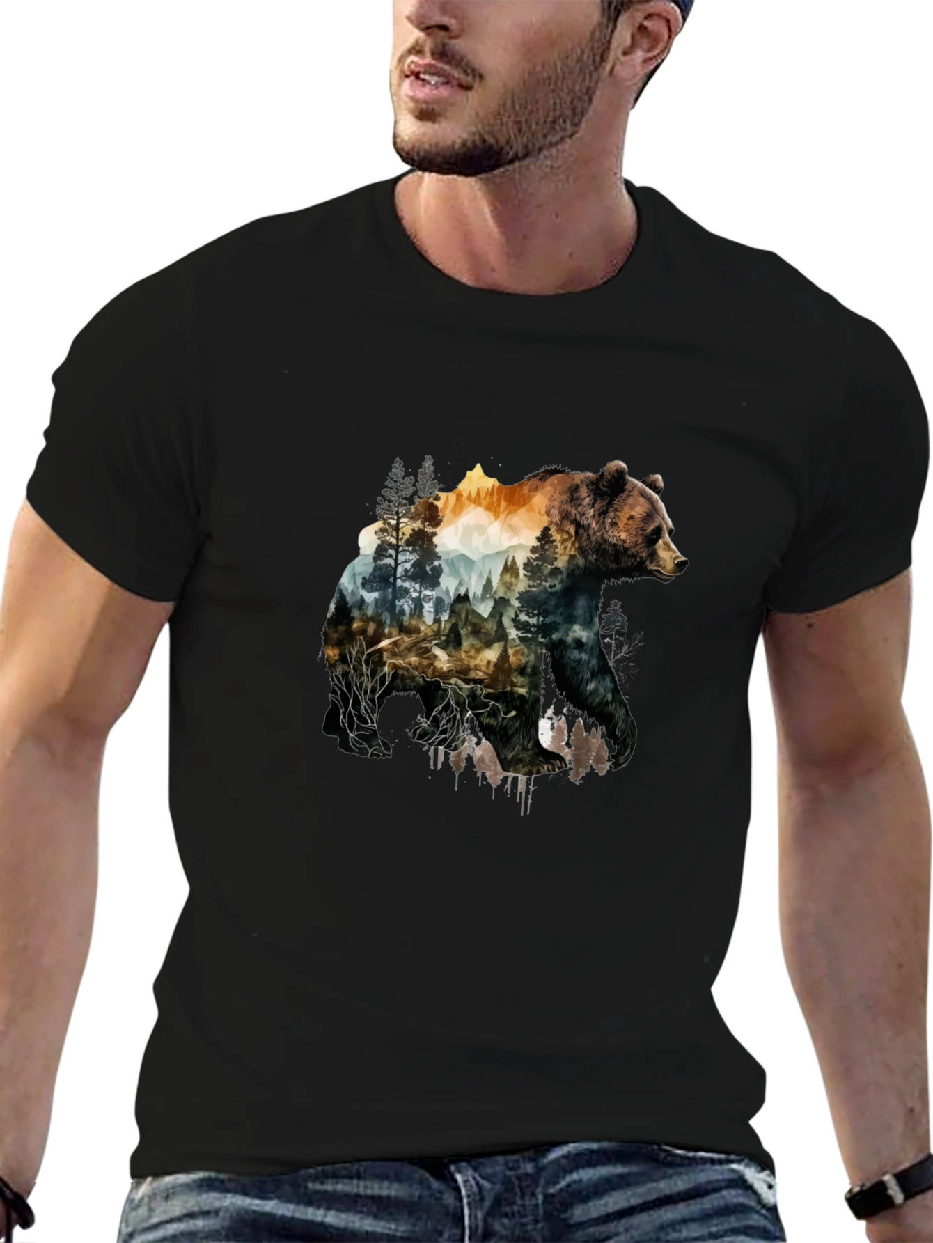 Nature Bear Graphic Tee - Black Cotton T-Shirt