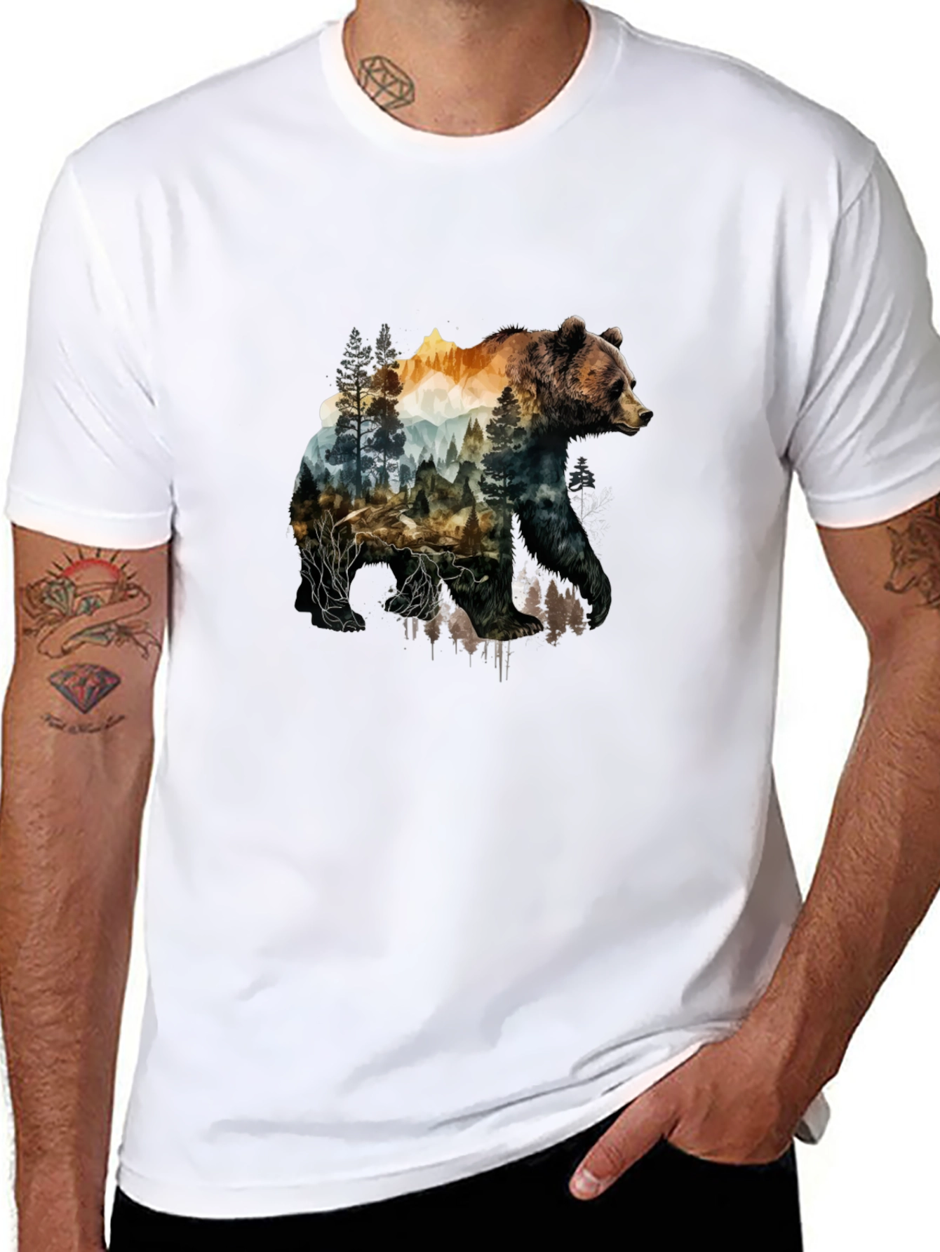 Nature Bear Graphic Tee - Black Cotton T-Shirt