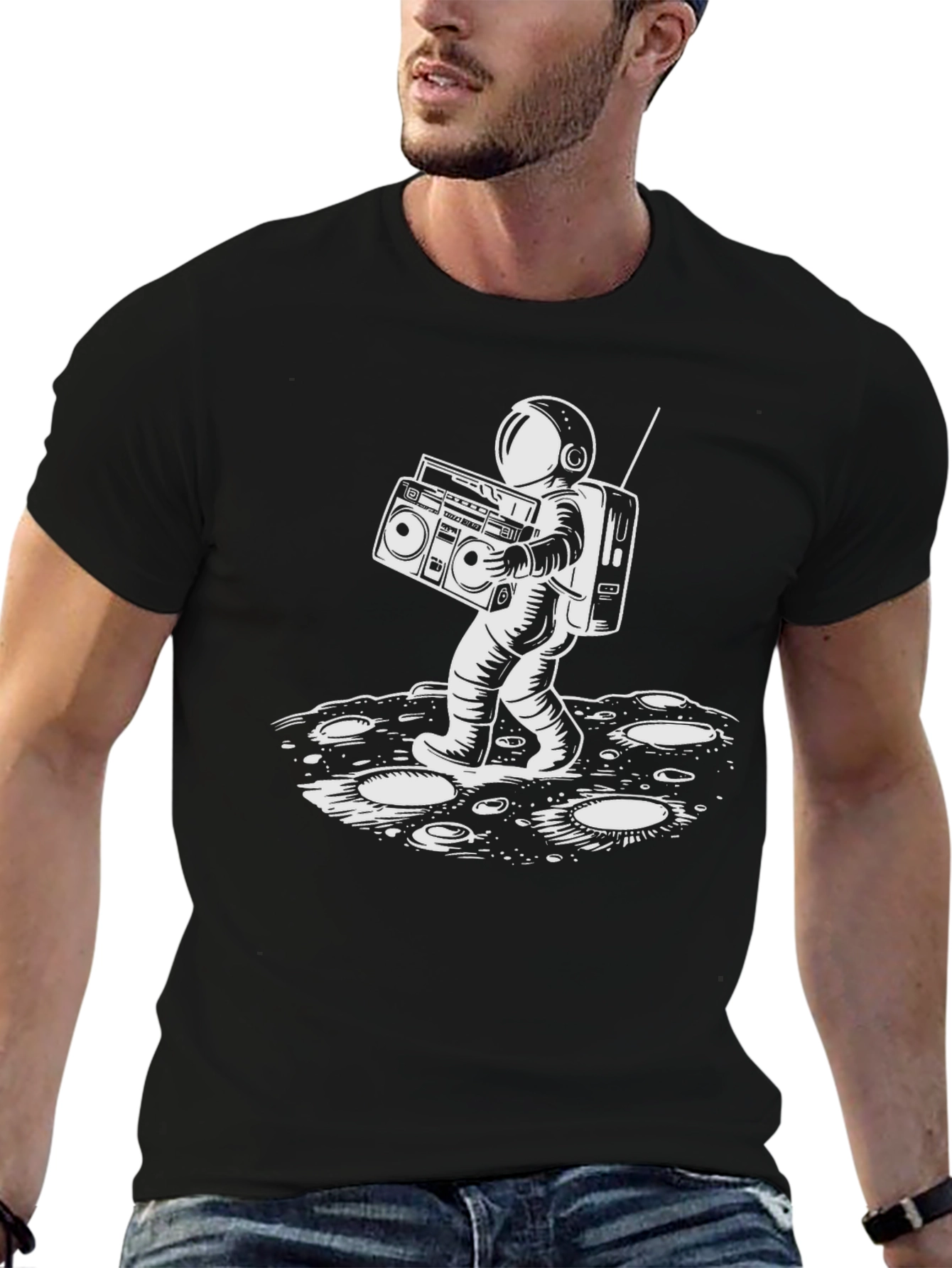 Astronaut Boombox Graphic Tee - Black Cotton T-Shirt