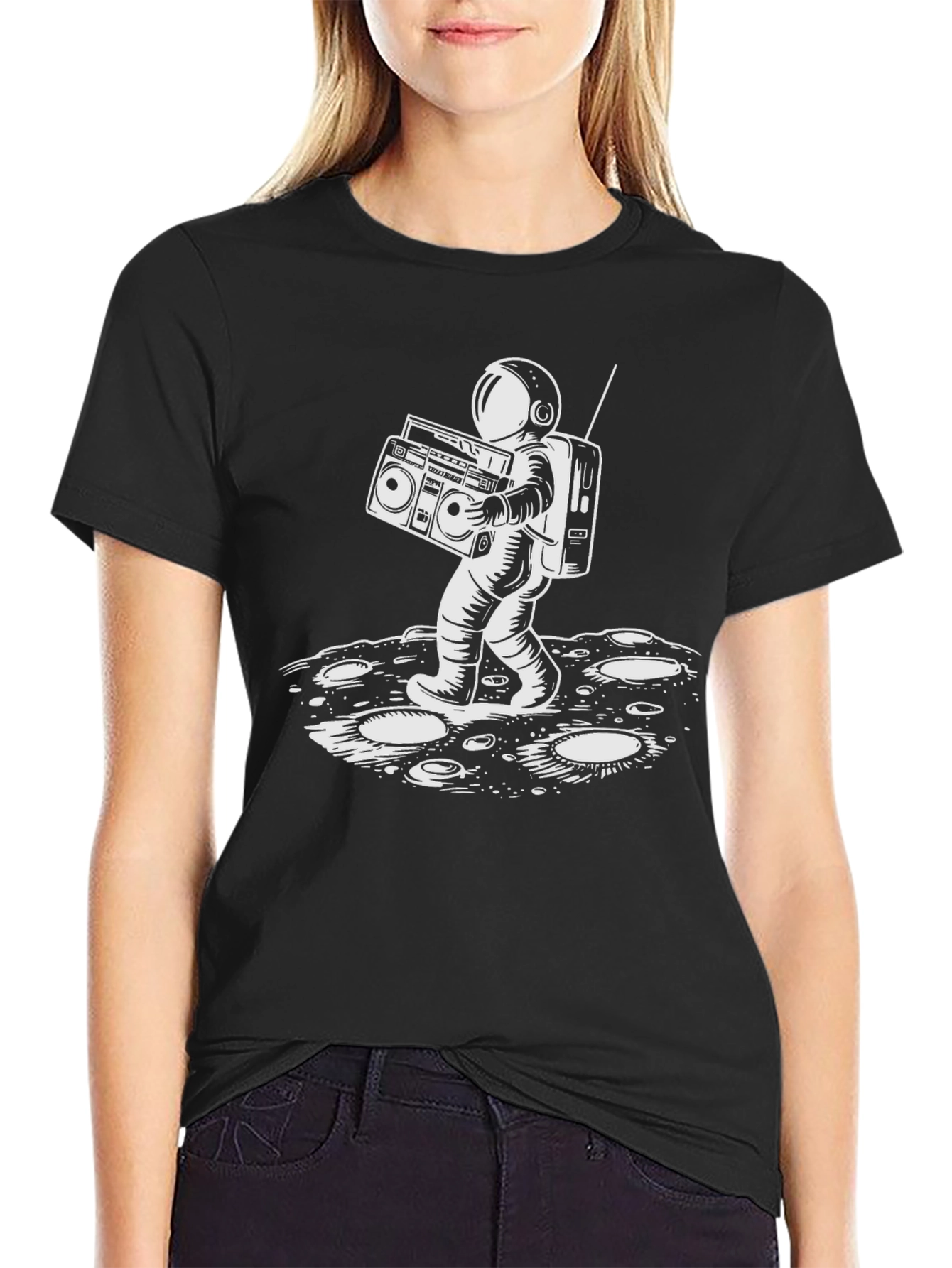 Astronaut Boombox Graphic Tee - Black Cotton T-Shirt