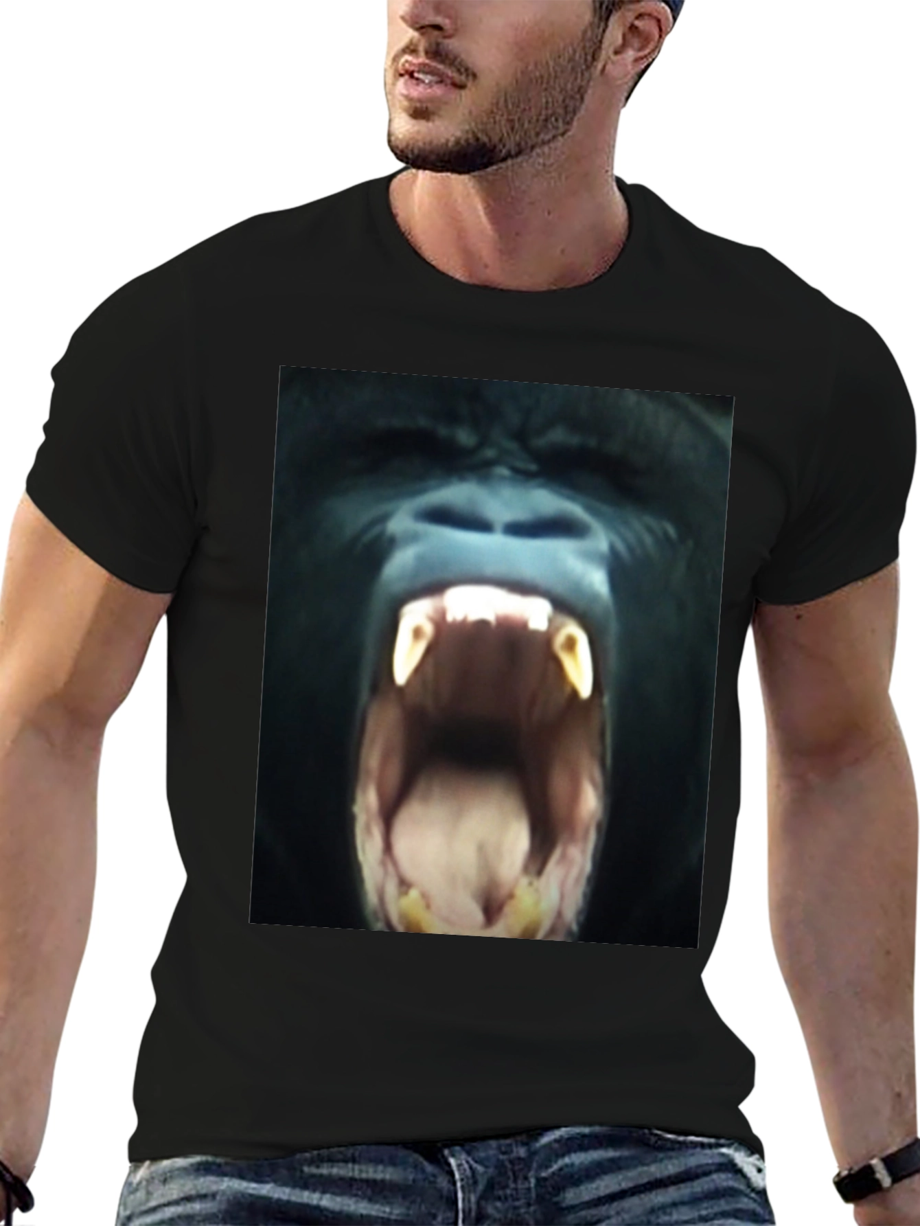 Black T-Shirt with Roaring Gorilla Graphic