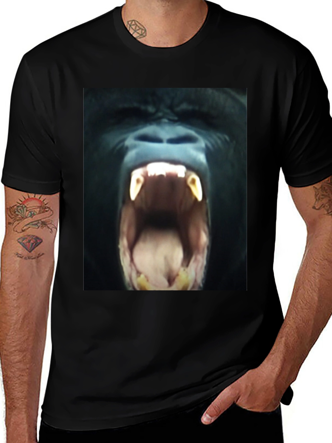 Black T-Shirt with Roaring Gorilla Graphic