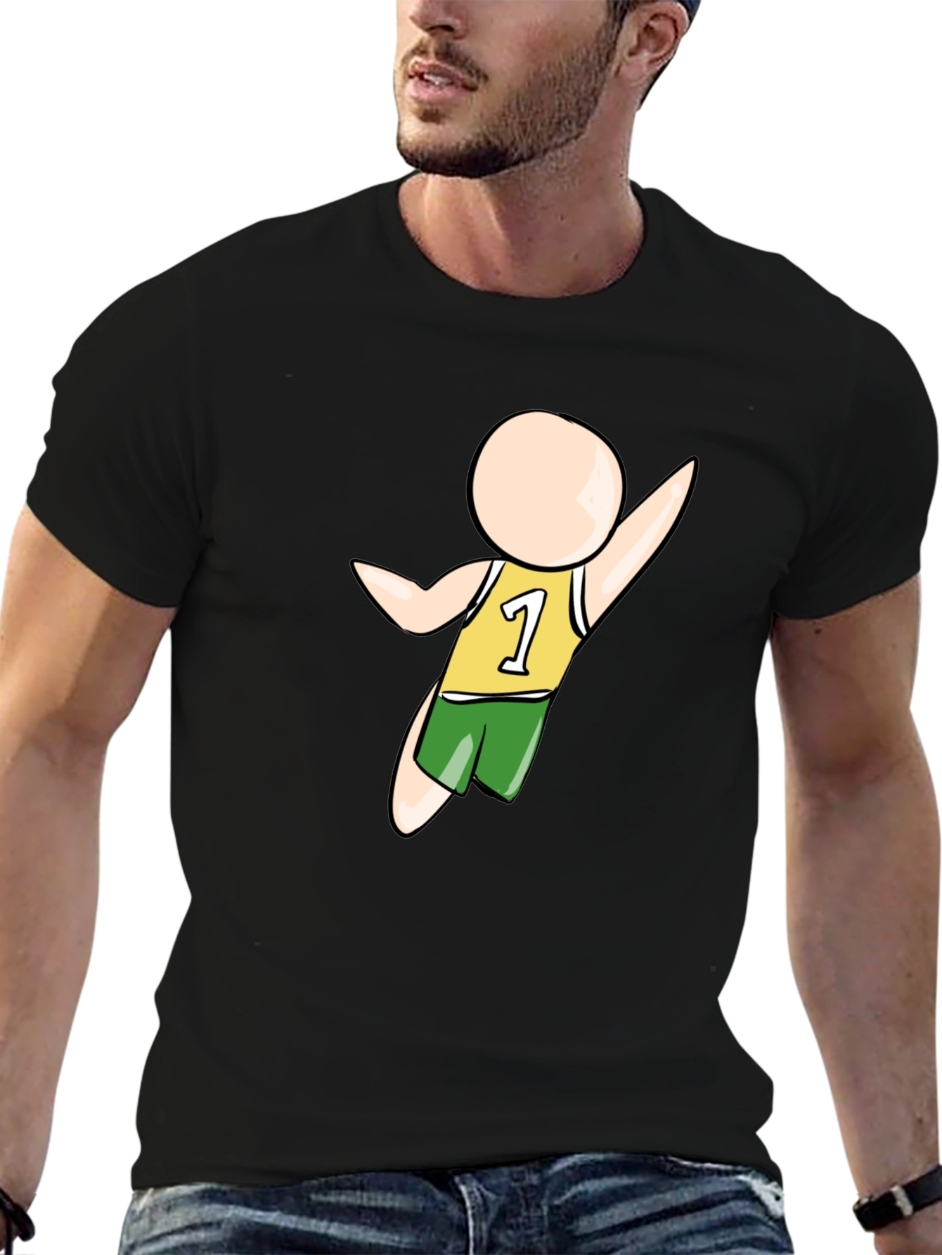 Cartoon Athlete Graphic Black T-Shirt