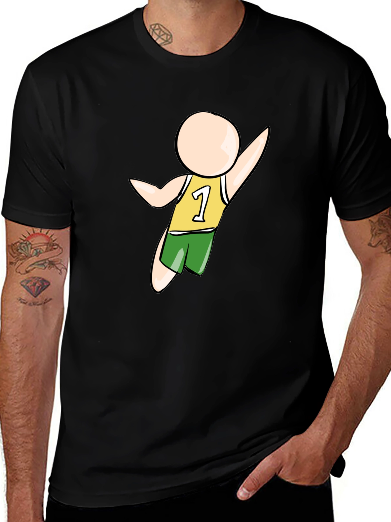 Cartoon Athlete Graphic Black T-Shirt