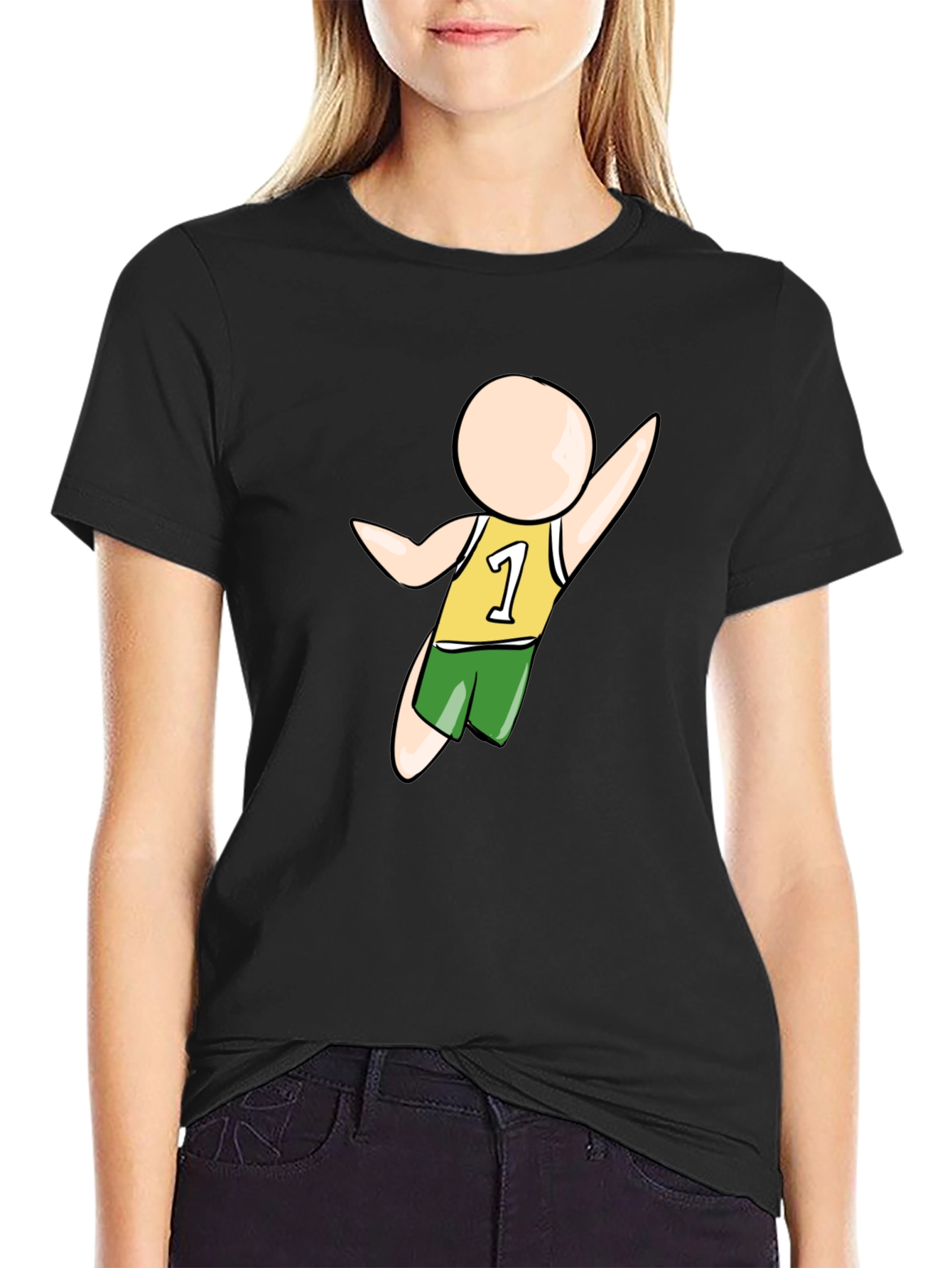Cartoon Athlete Graphic Black T-Shirt