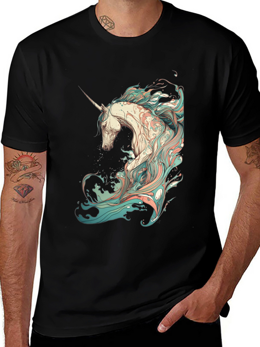 Unicorn Wave Graphic Tee - Black Cotton T-Shirt