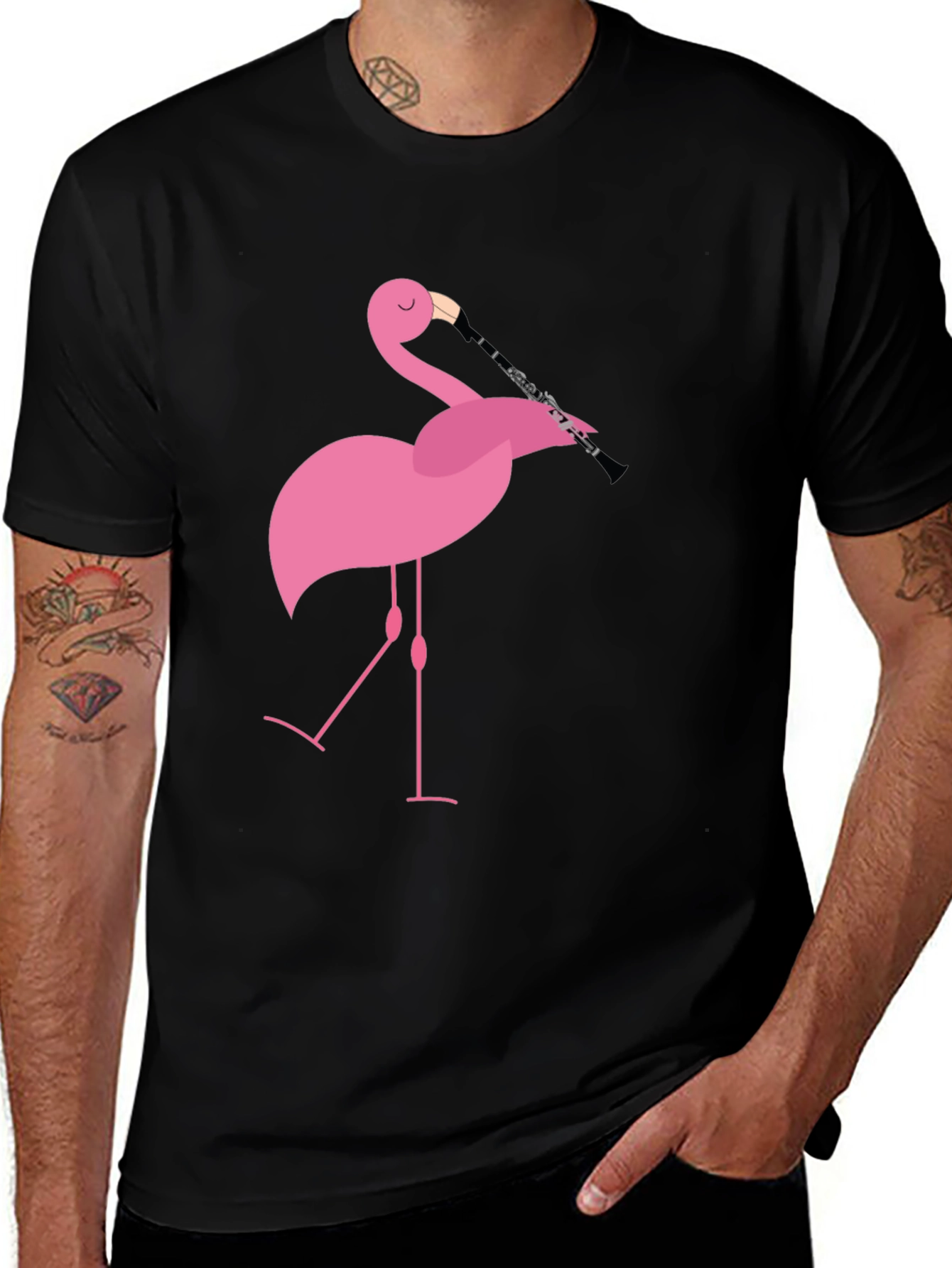 Flamingo Clarinet Player Black T-Shirt