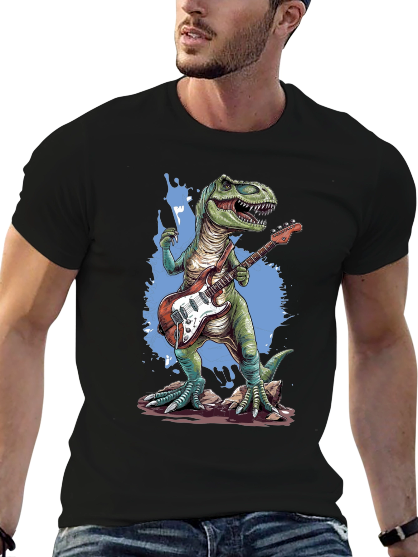 Dinosaur Guitar Player T-Shirt - Black