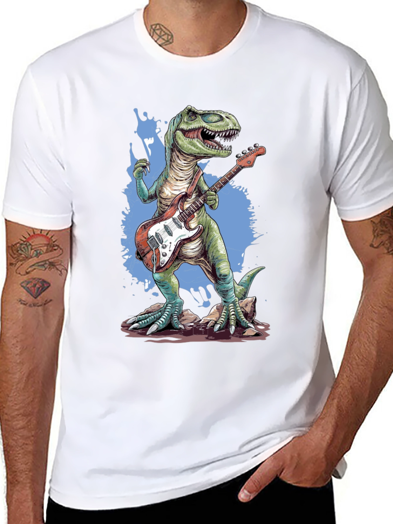 Dinosaur Guitar Player T-Shirt - Black