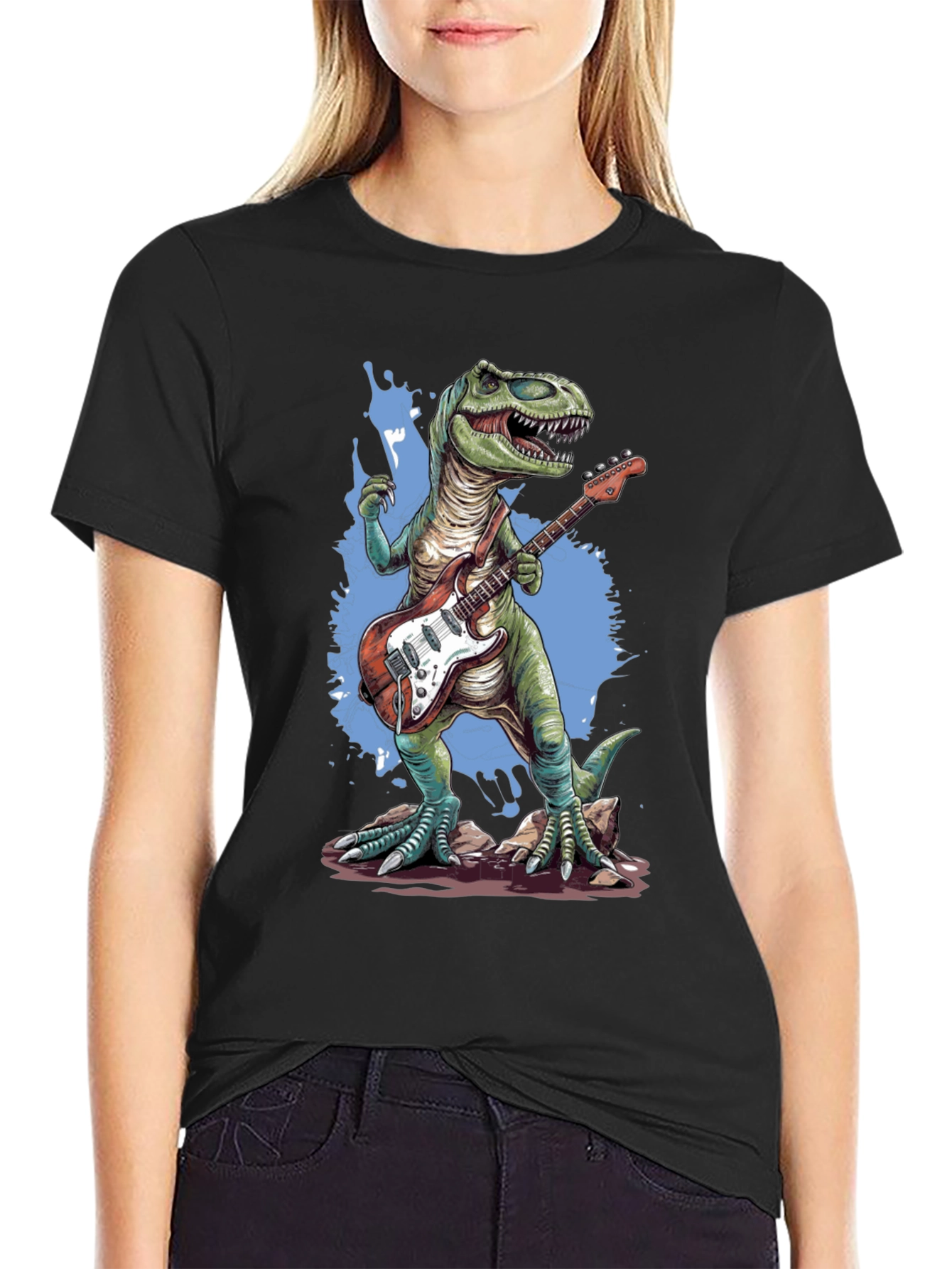 Dinosaur Guitar Player T-Shirt - Black