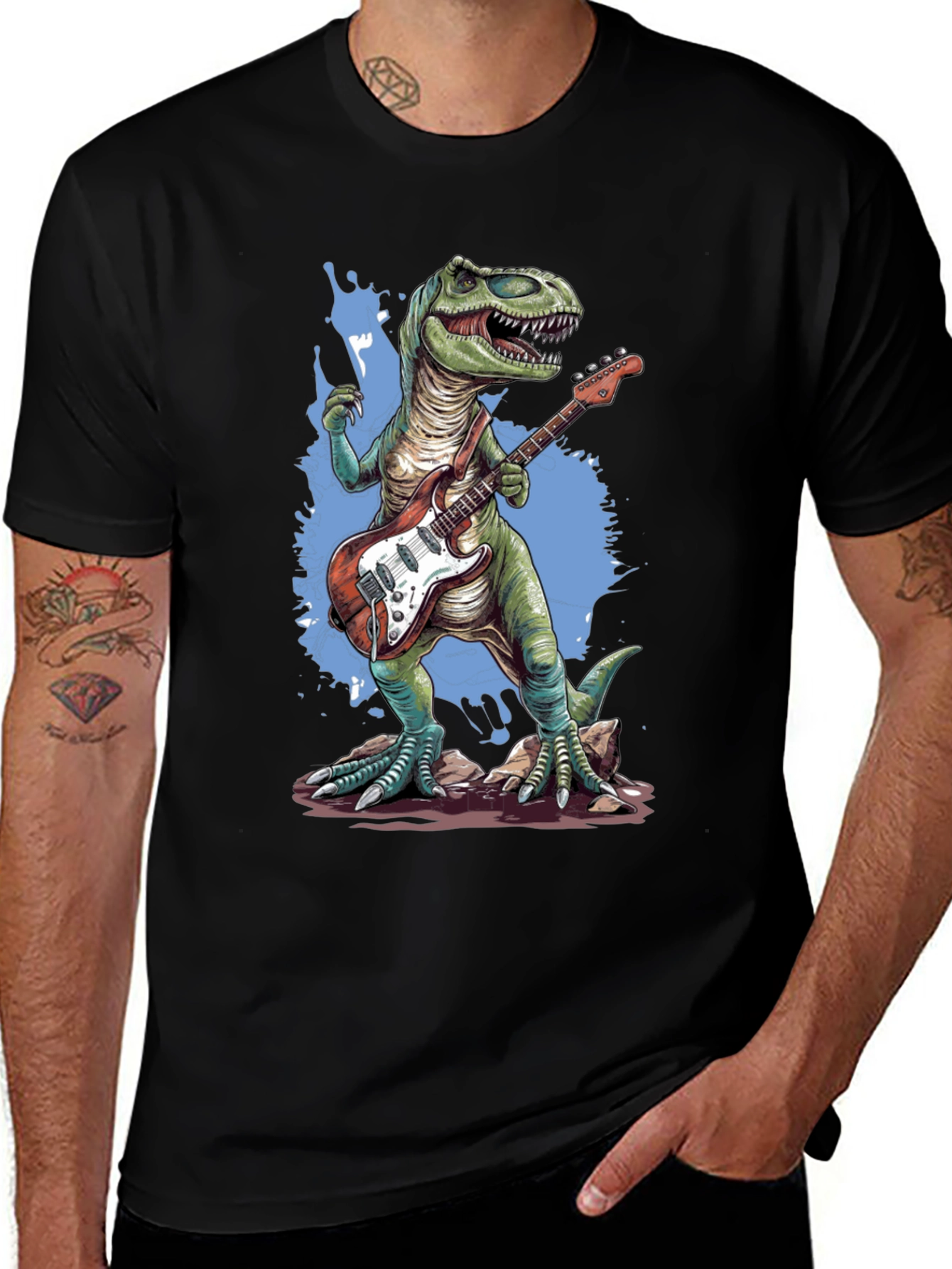 Dinosaur Guitar Player T-Shirt - Black