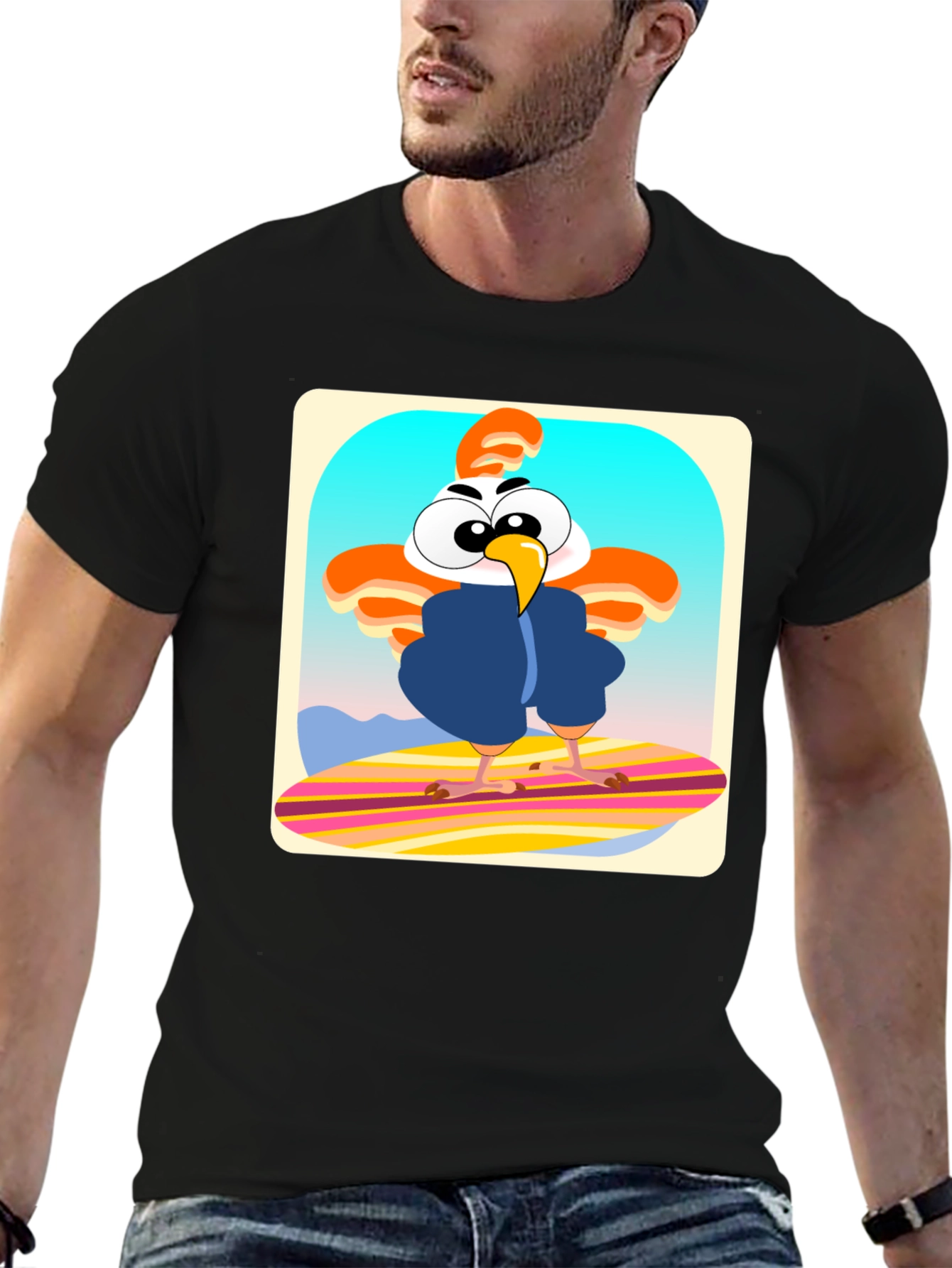 Funky Chicken Surfer T-Shirt - Cartoon Style