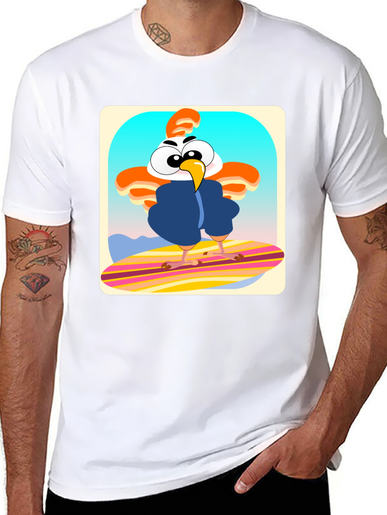 Funky Chicken Surfer T-Shirt - Cartoon Style