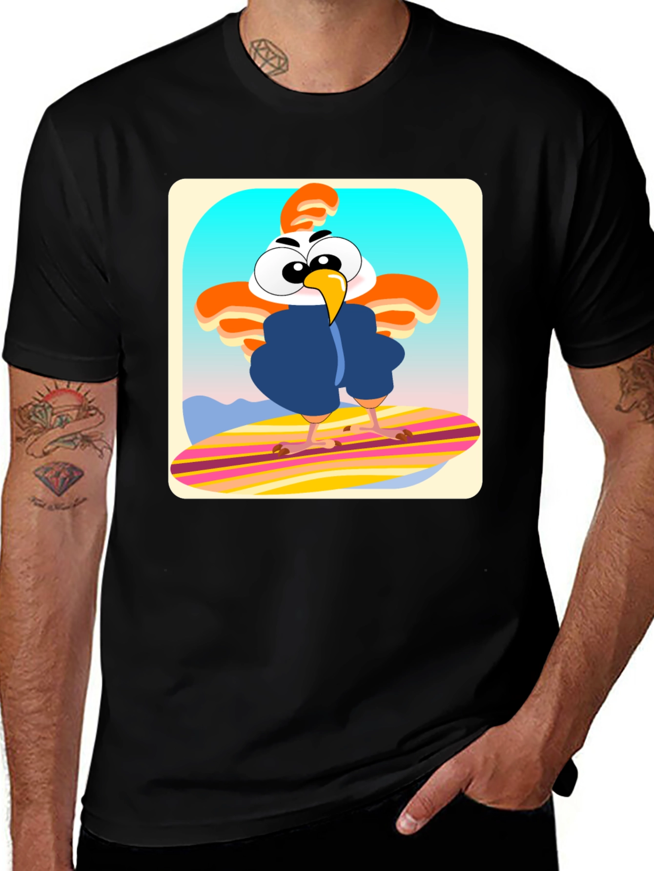Funky Chicken Surfer T-Shirt - Cartoon Style
