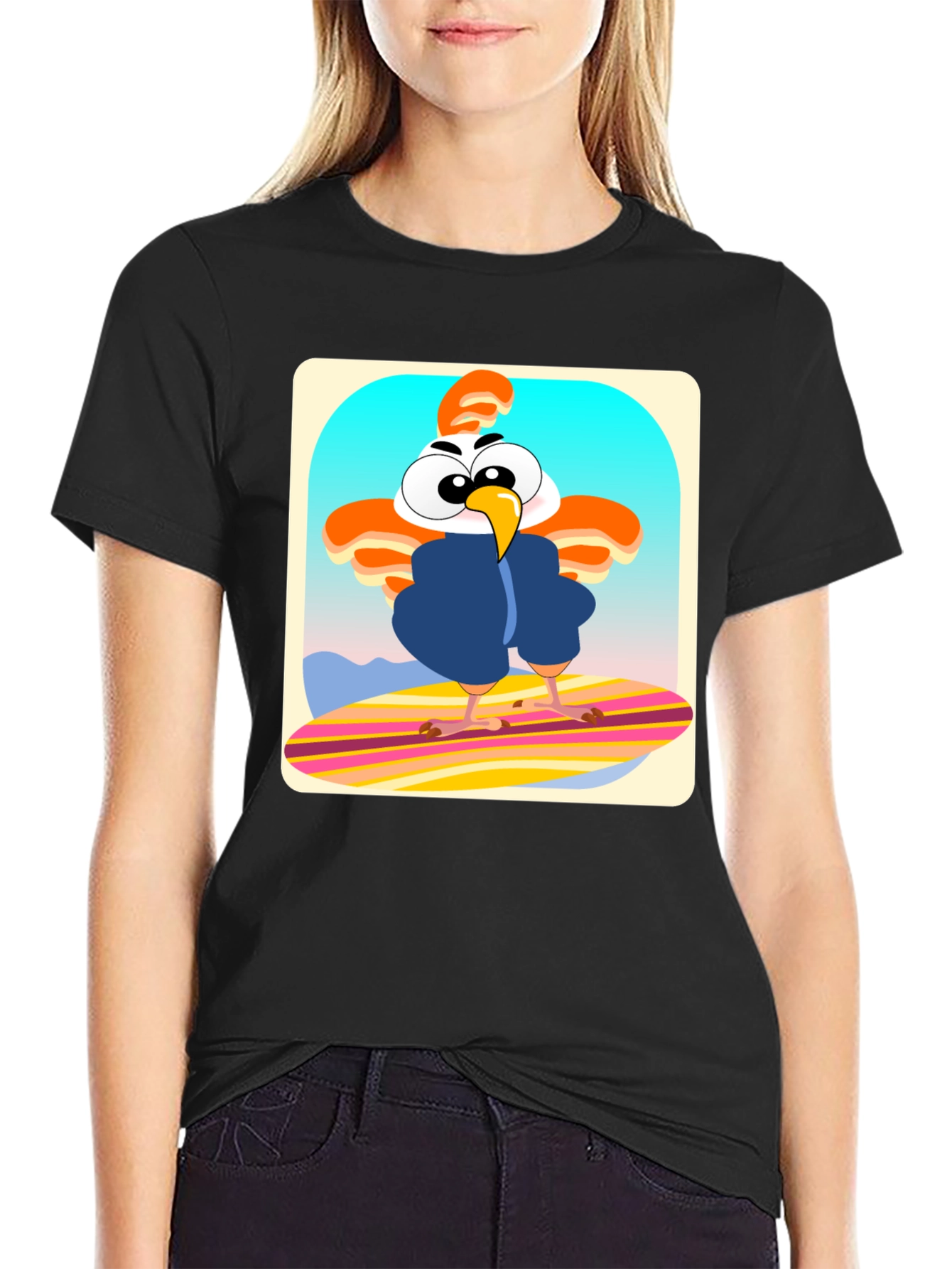 Funky Chicken Surfer T-Shirt - Cartoon Style