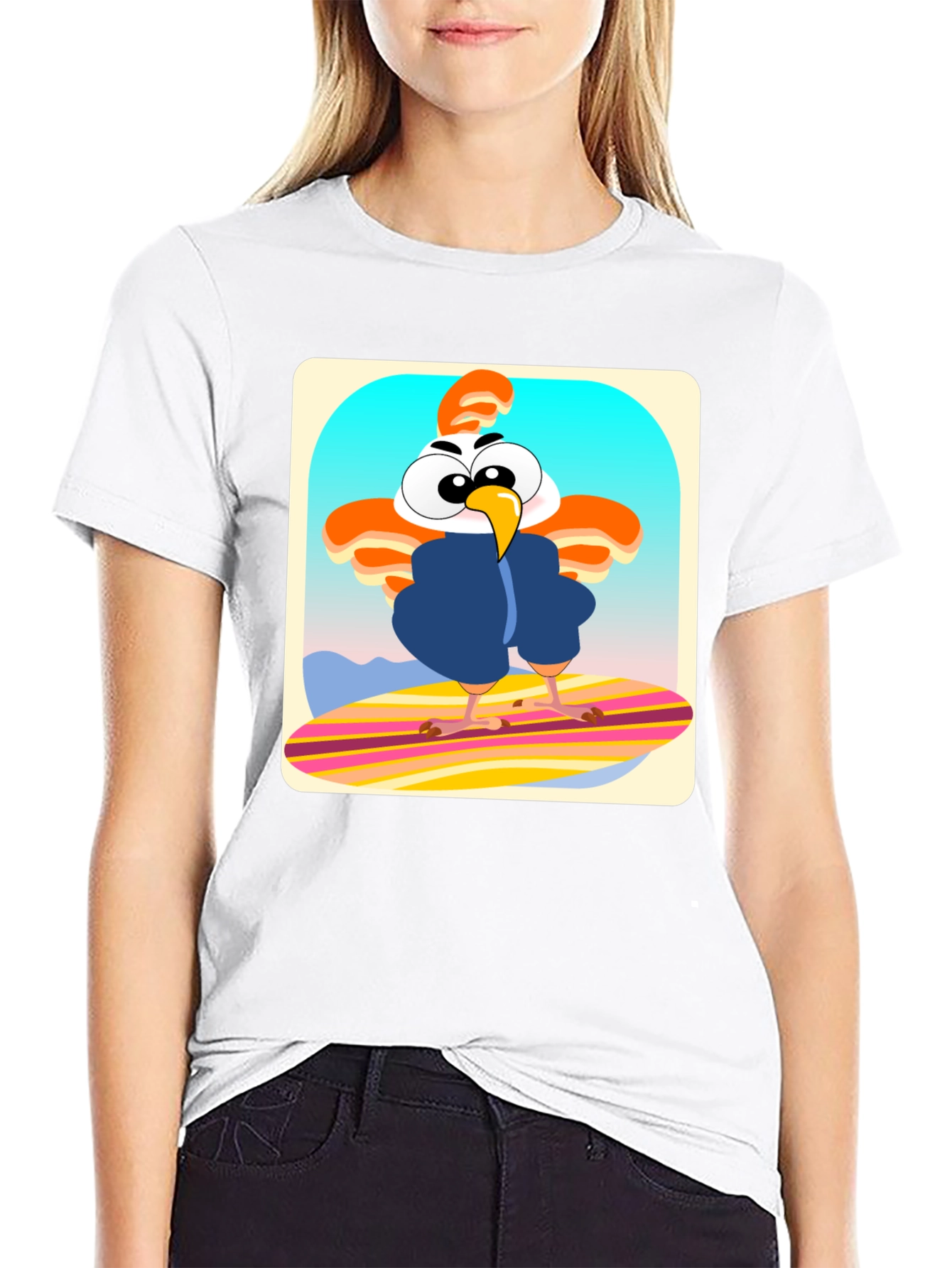 Funky Chicken Surfer T-Shirt - Cartoon Style