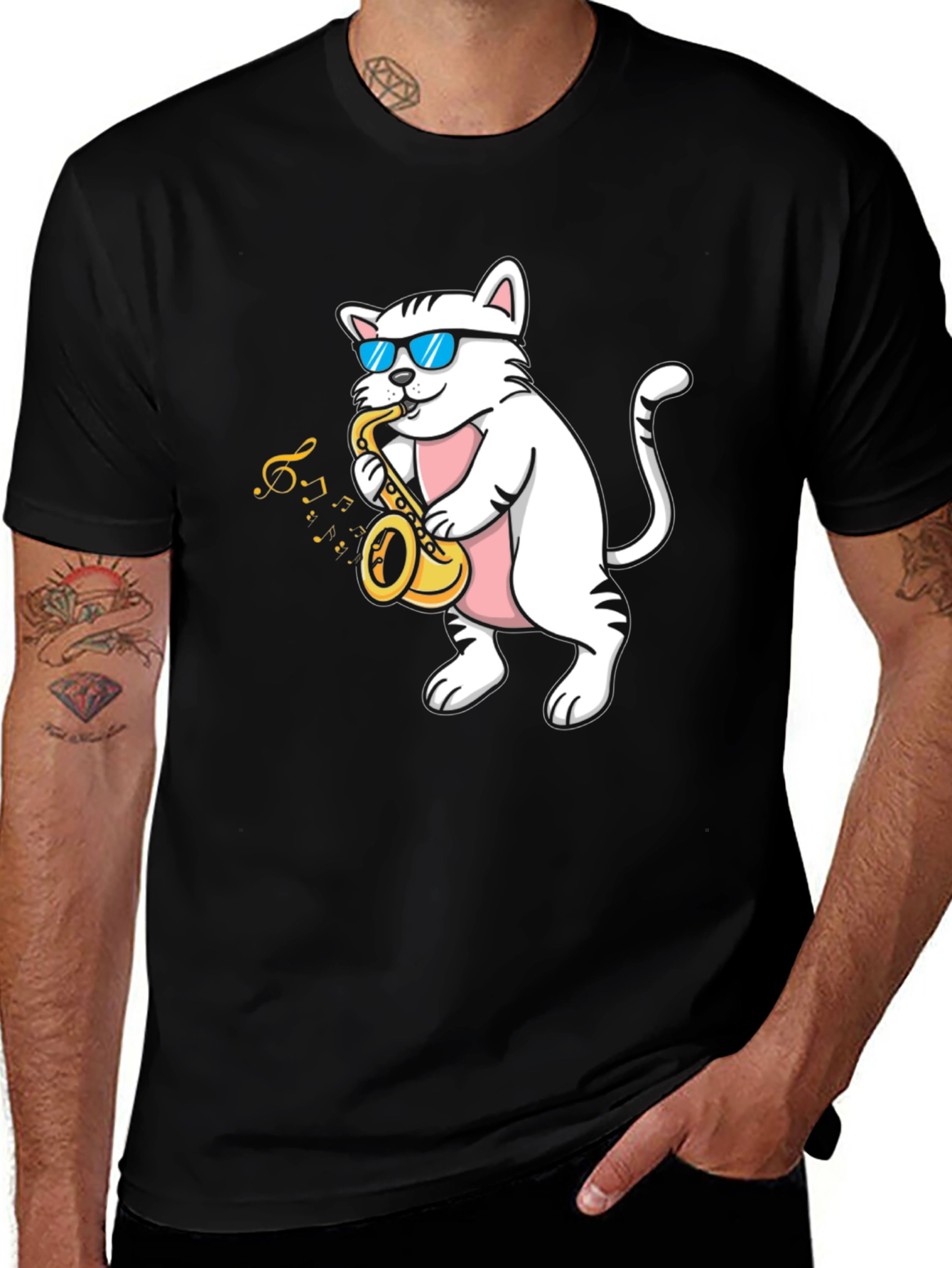 Cool Cat Saxophone T-Shirt - Black