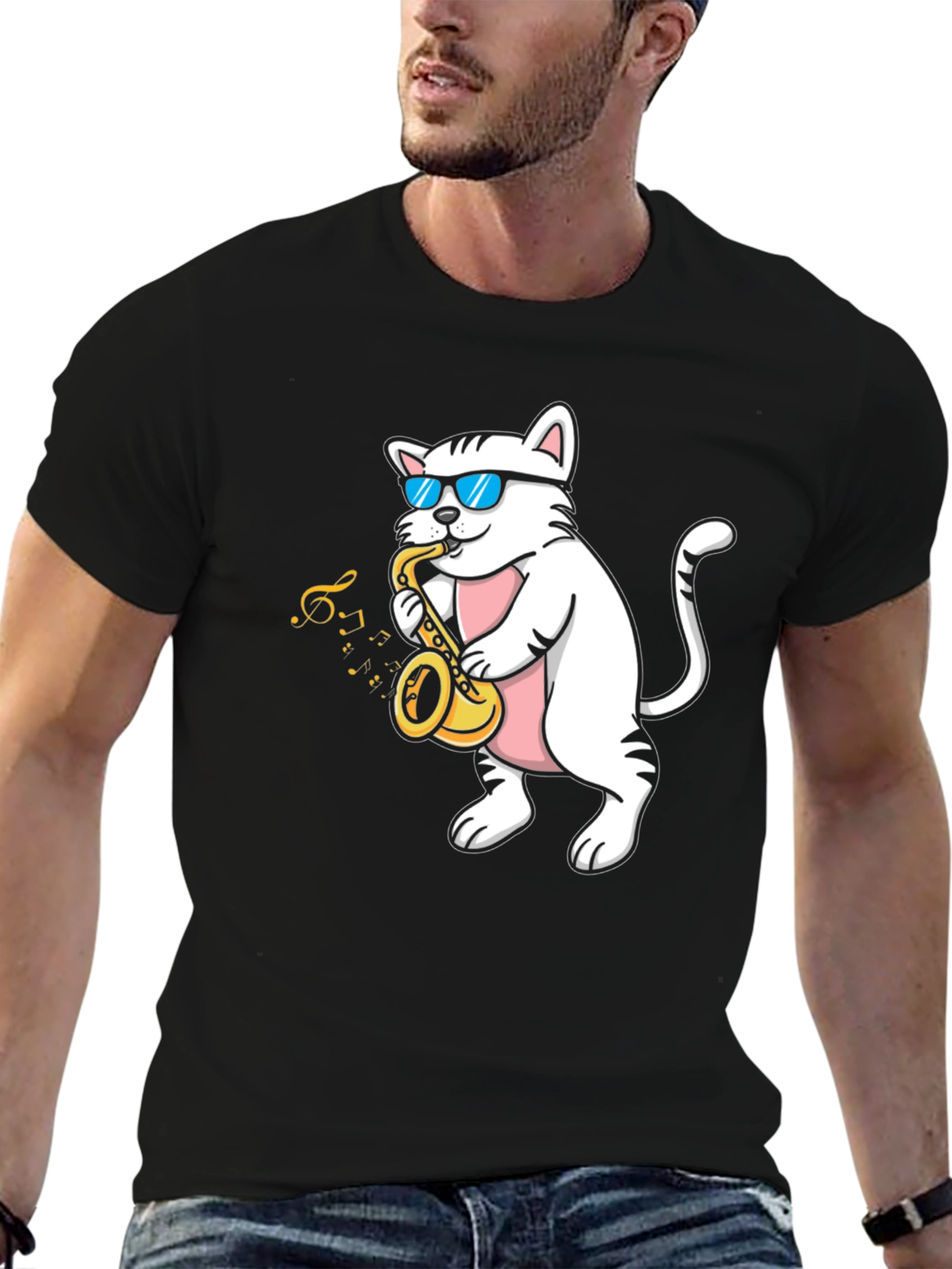 Cool Cat Saxophone T-Shirt - Black