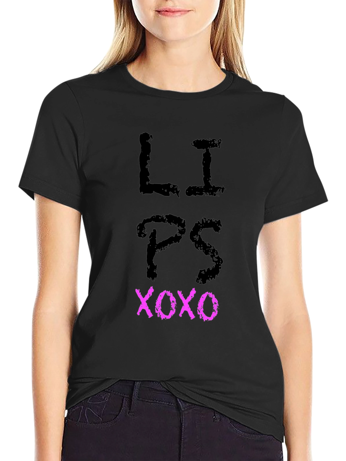Lips XOXO Graphic Tee - Black Casual T-Shirt