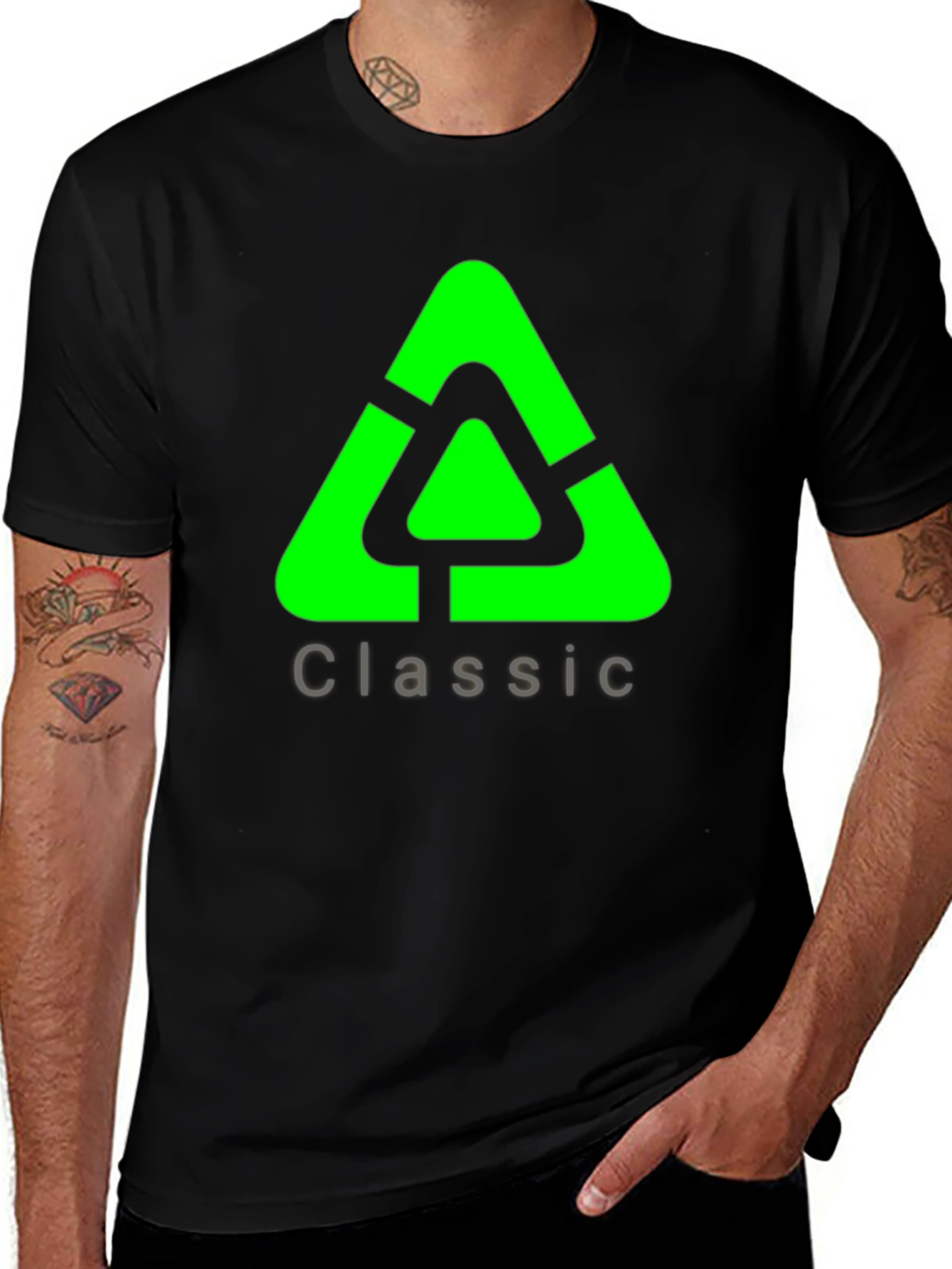 Classic Green Triangle Graphic Black T-Shirt