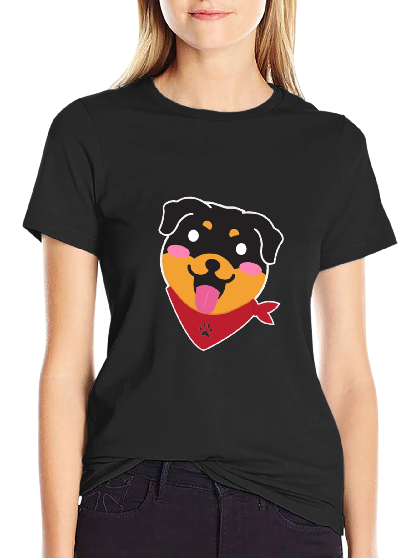 Cute Rottweiler Graphic Tee - Black Cotton Blend