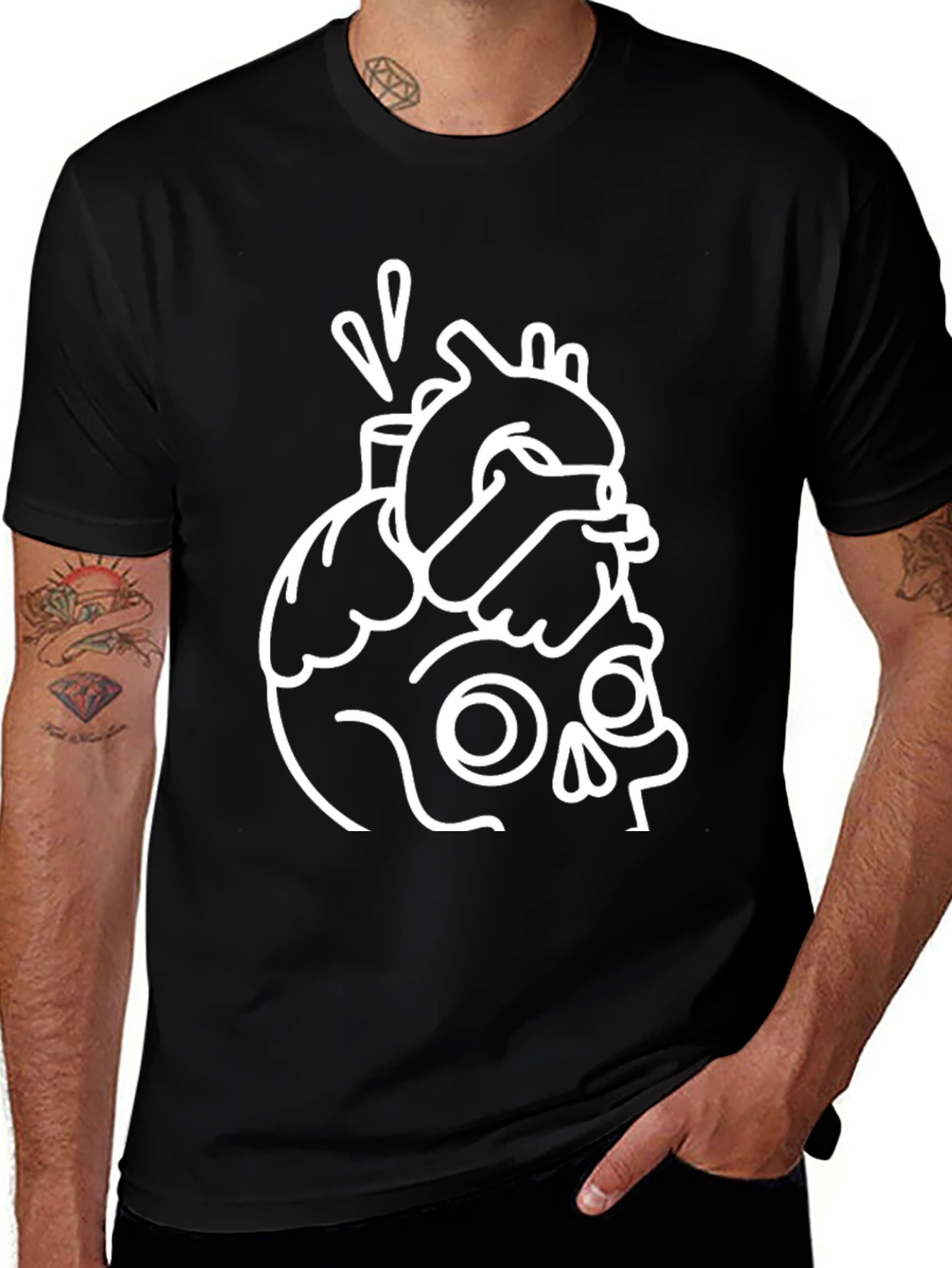 Skull & Heart Graphic Tee - Black Cotton T-Shirt
