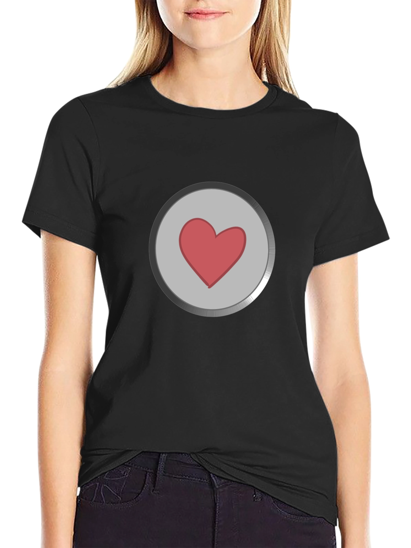 Heart Button Graphic T-Shirt - Black