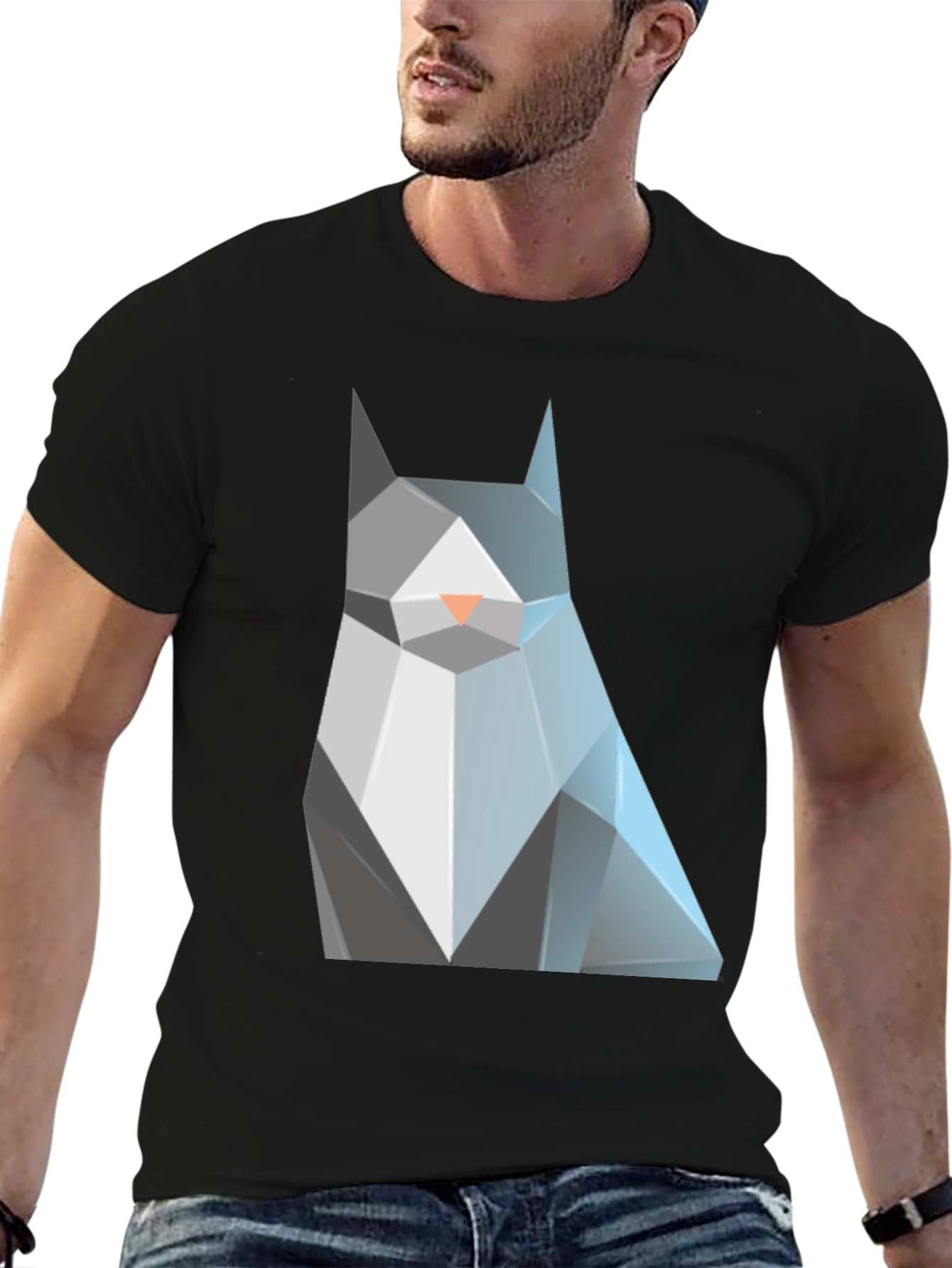 Geometric Cat Graphic Tee - Modern Mens Black T-Shirt