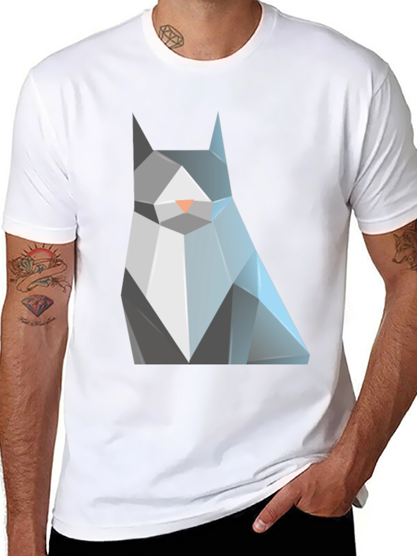 Geometric Cat Graphic Tee - Modern Mens Black T-Shirt