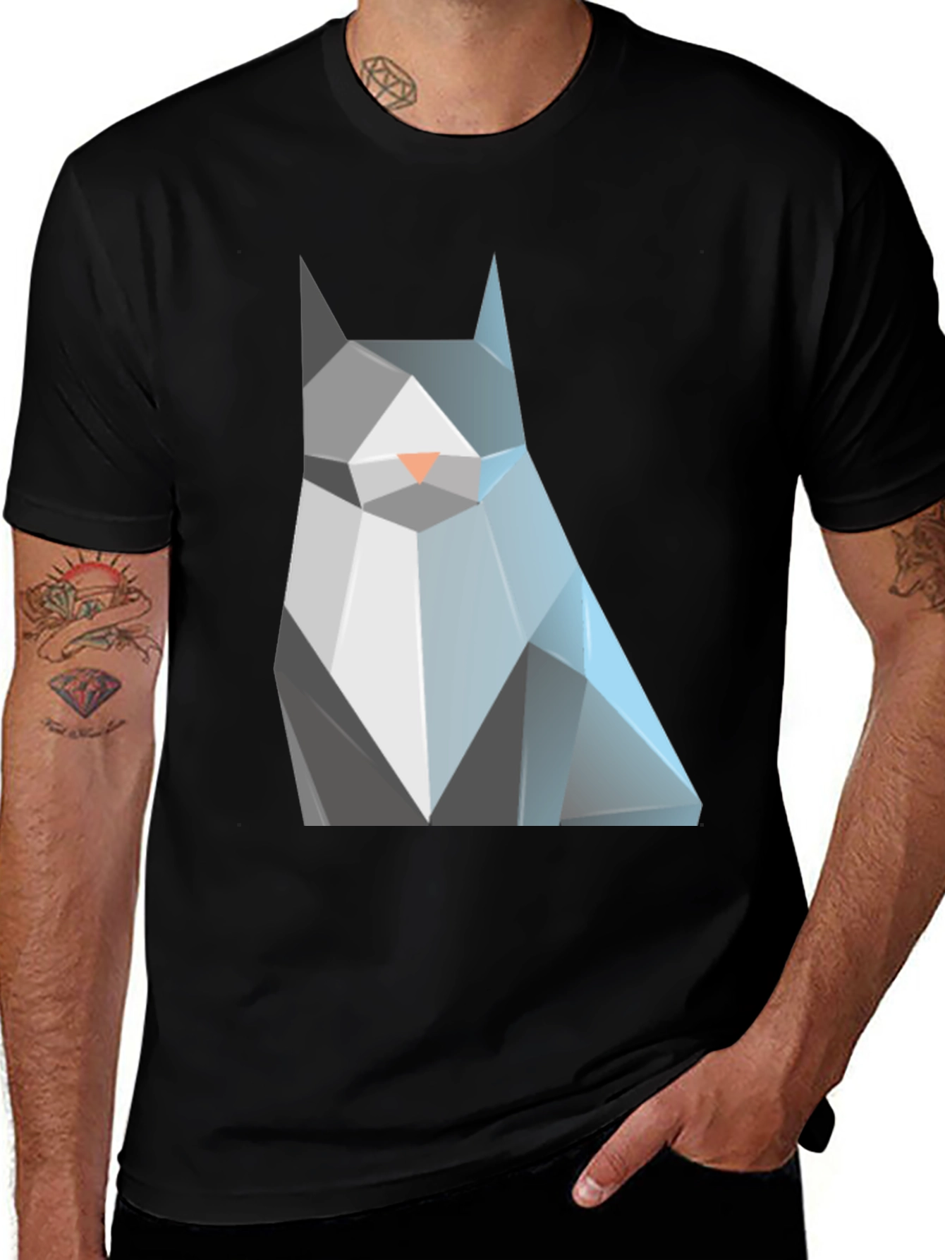 Geometric Cat Graphic Tee - Modern Mens Black T-Shirt