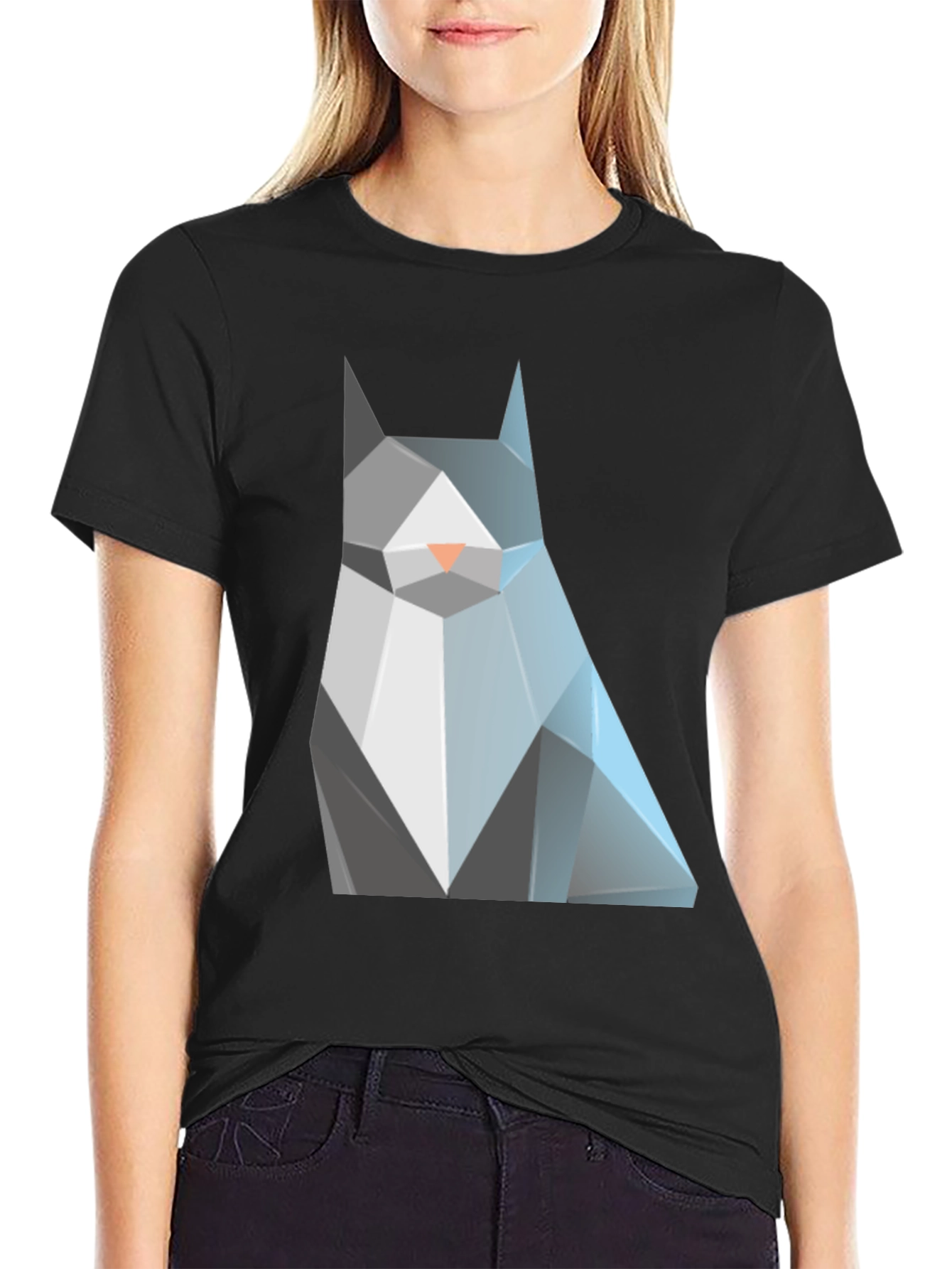 Geometric Cat Graphic Tee - Modern Mens Black T-Shirt